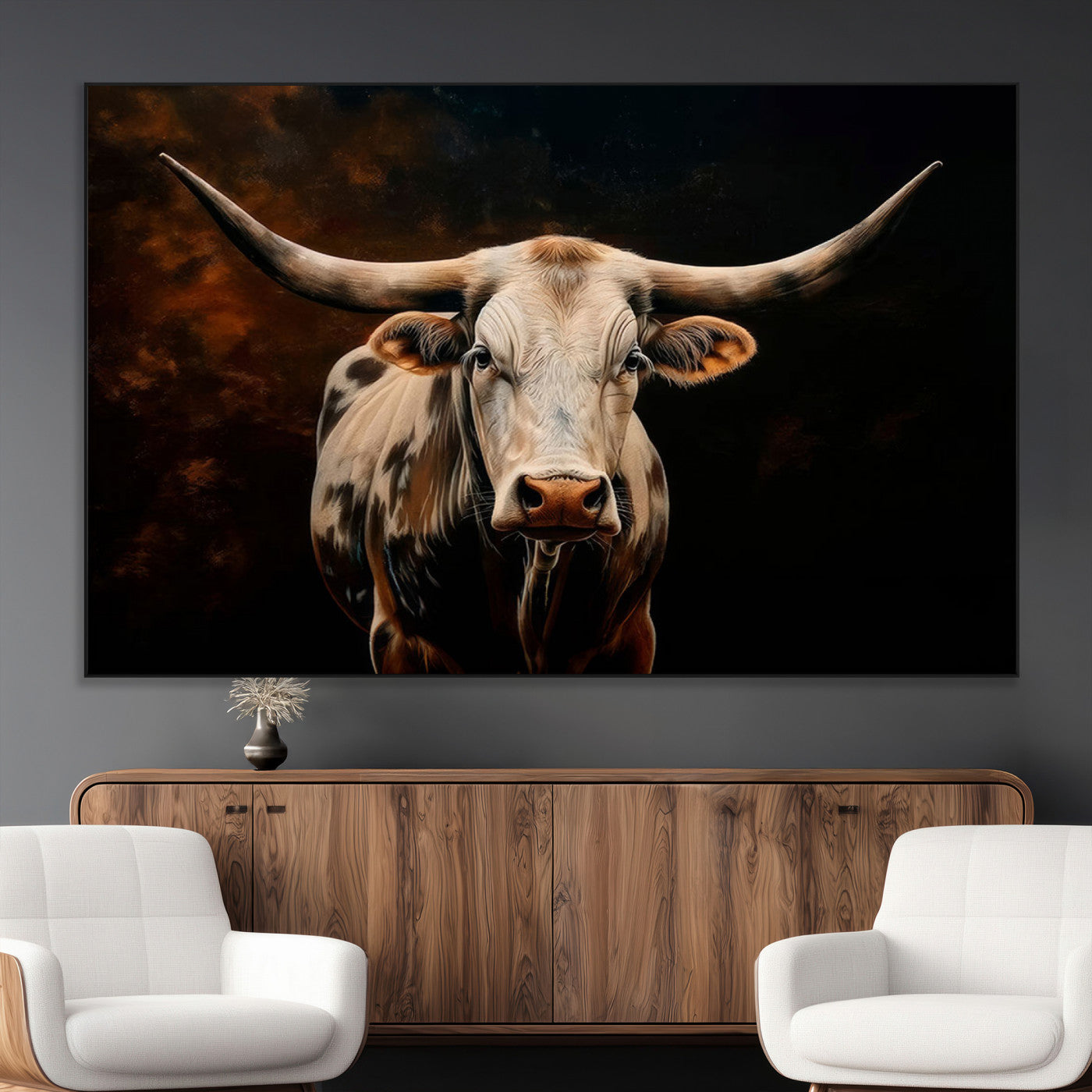 70522-MGV-CV-36X24-Longhorn Bull Wall Art – Striking Canvas Print of Majestic Bull, Premium Animal Decor for Home, Office, Man Cave, or Living Room