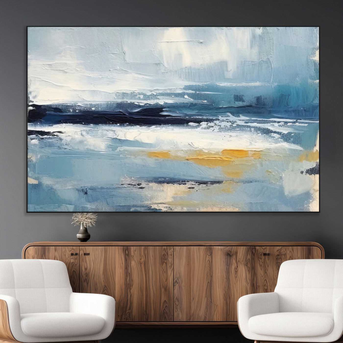 19746-SEG-FC-51X34_Oversize_Oversize-Abstract Ocean Wall Art – Modern Coastal Canvas Print with Blue, White and Gold Textures, Contemporary Seascape Painting for