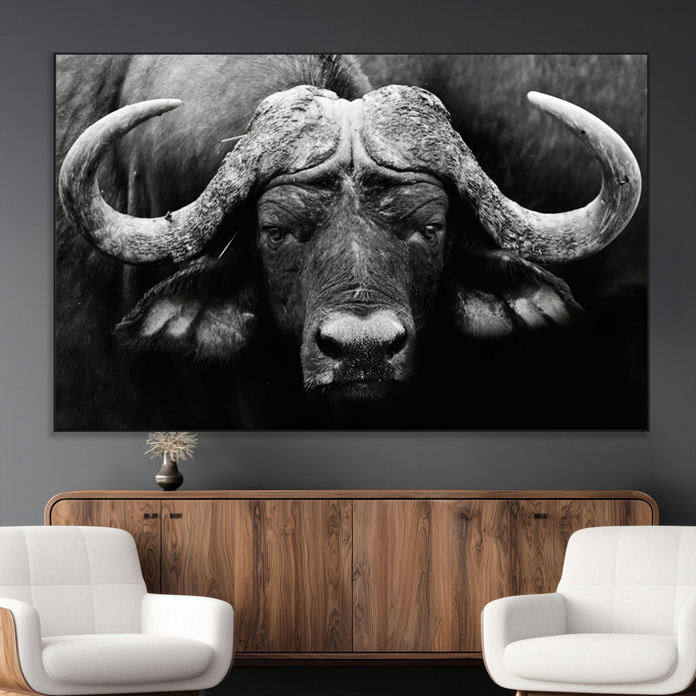 75273-MGV-CV-36X24-Buffalo Wall Art – Black and White African Buffalo Canvas Print, Rustic Wildlife Animal Artwork for Farmhouse, Living Room,