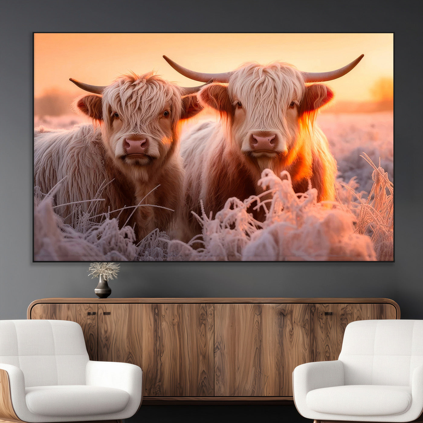 68253-MGV-CV-36X24-Highland Cow Wall Art – Rustic Farmhouse Cattle Canvas Print, Frosty Sunset Animal Artwork for Living Room, Bedroom or Country