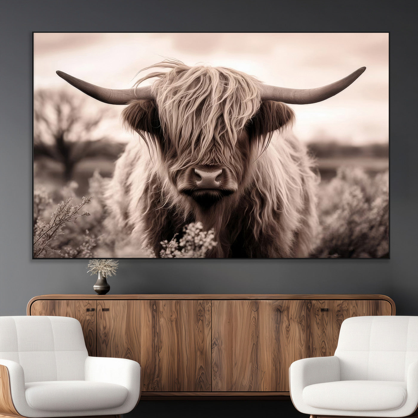 55903-MGV-CV-36X24-Highland Cow Wall Art – Rustic Sepia Scottish Highland Bull Canvas Print, Farmhouse Country Animal Decor for Living Room, Bedroom