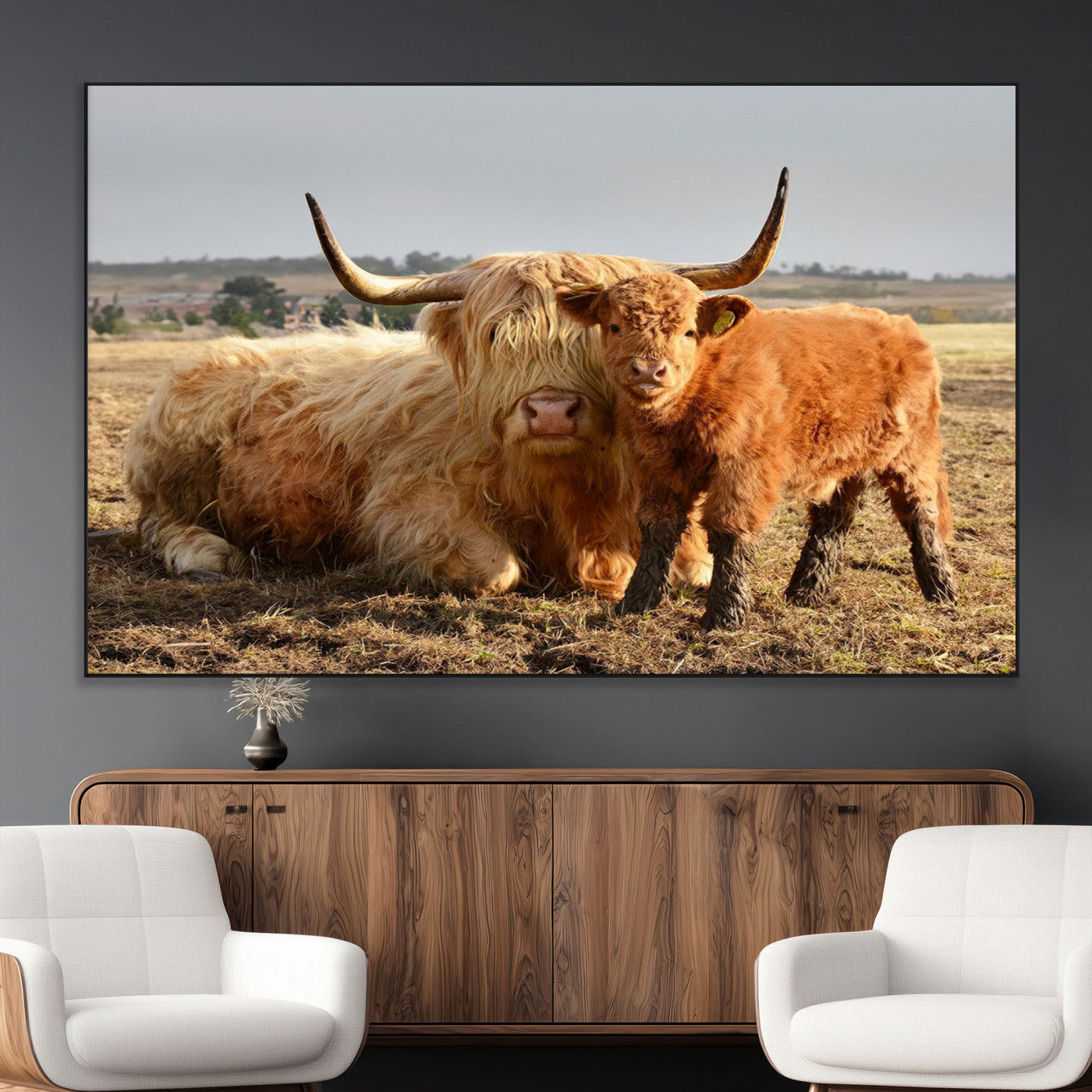 53461-MGV-CV-36X24-Highland Cow Family Wall Art – Rustic Farmhouse Animal Canvas Print, Country Decor for Living Room, Bedroom or Office, Calf and