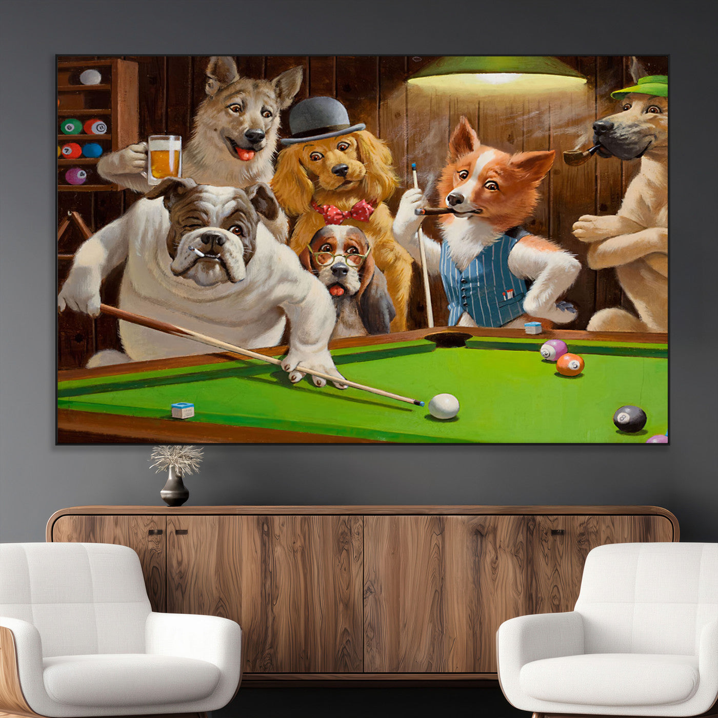 34228-MGV-CV-36X24-Dogs Playing Pool Wall Art Canvas Print, Framed Funny Dog Art Picture Print, Dog Perfect Game Room Decor Artwork