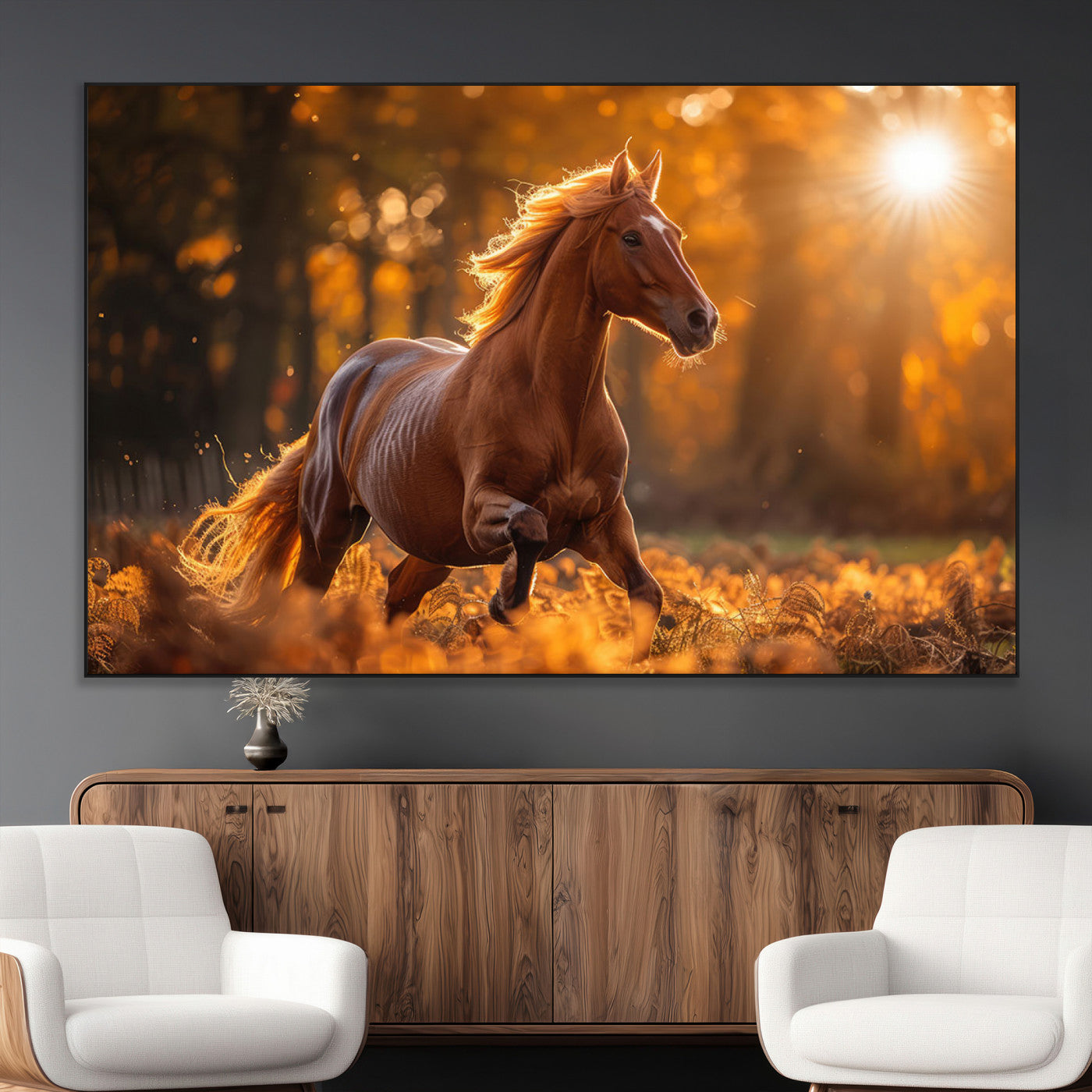 92144-MGV-CV-36X24-Sunset Horse Wall Art Canvas Print, Framed Horse Barn Art Picture Print, Majestic Horse Perfect Rustic Farmhouse Decor Artwork