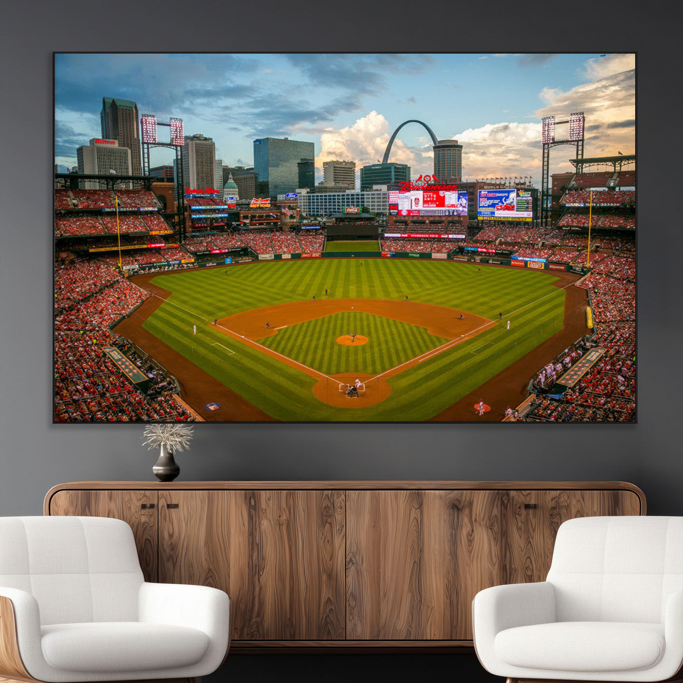 91908-MGV-CV-36X24-Baseball Stadium Wall Art – Canvas Print Game Day Field City Skyline Iconic Arch Scene Sports Photography, Decor for Game Room,