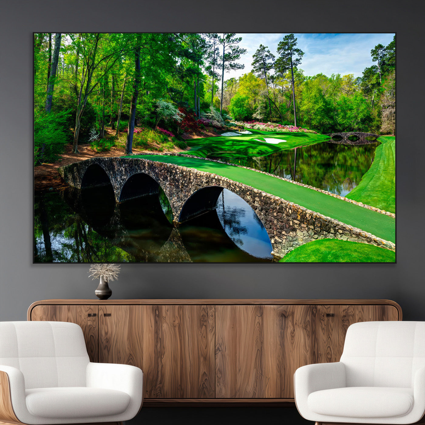 57655-MGV-CV-36X24-Golf Course Wall Art – Canvas Print Scenic Green Fairway Stone Bridge Water Reflection Landscape, Classic Sports Decor for Office,