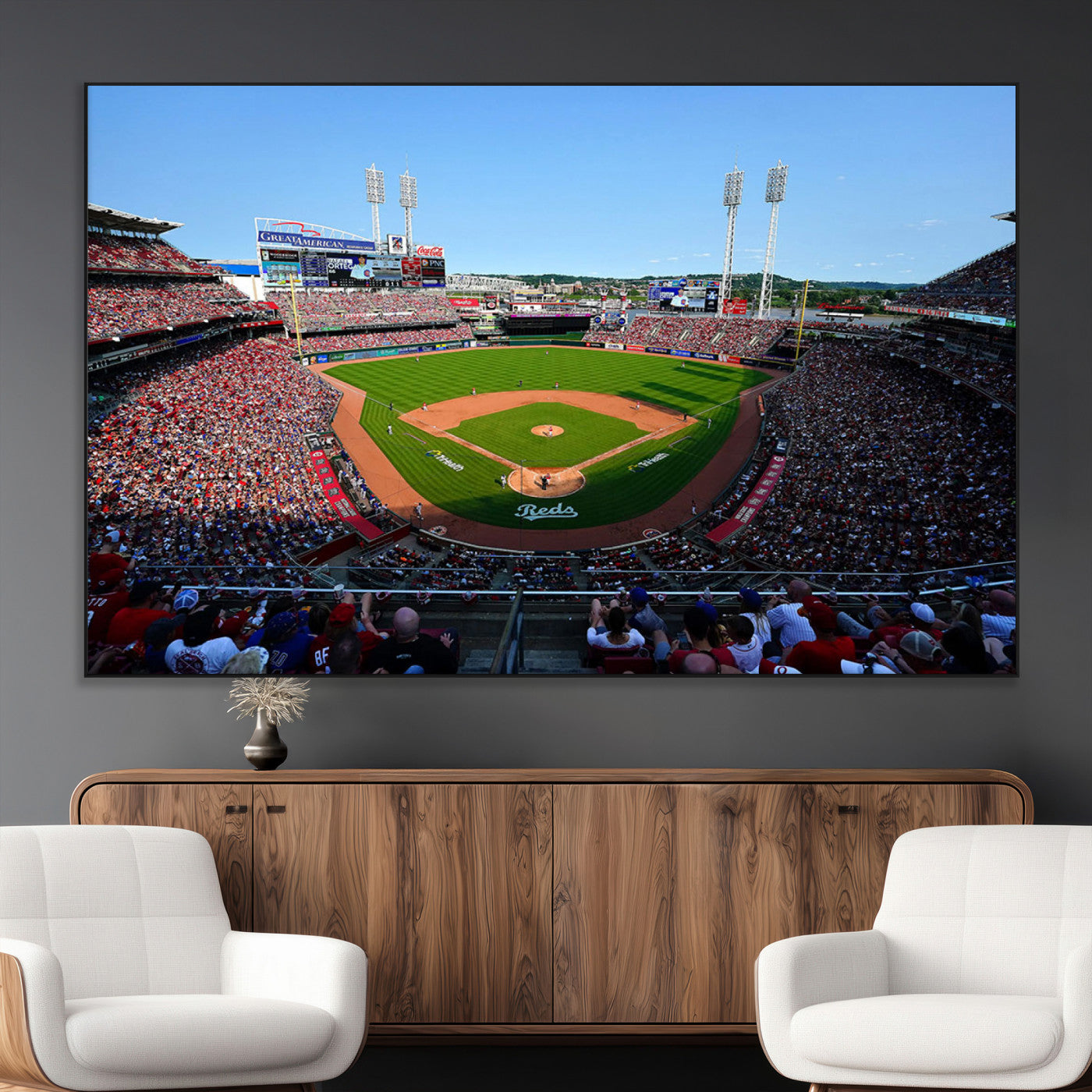 90998-MGV-CV-36X24-Baseball Stadium Wall Art – Canvas Print Day Game Field Packed Crowd Bright Blue Sky Sports Photography, Classic Decor for Game