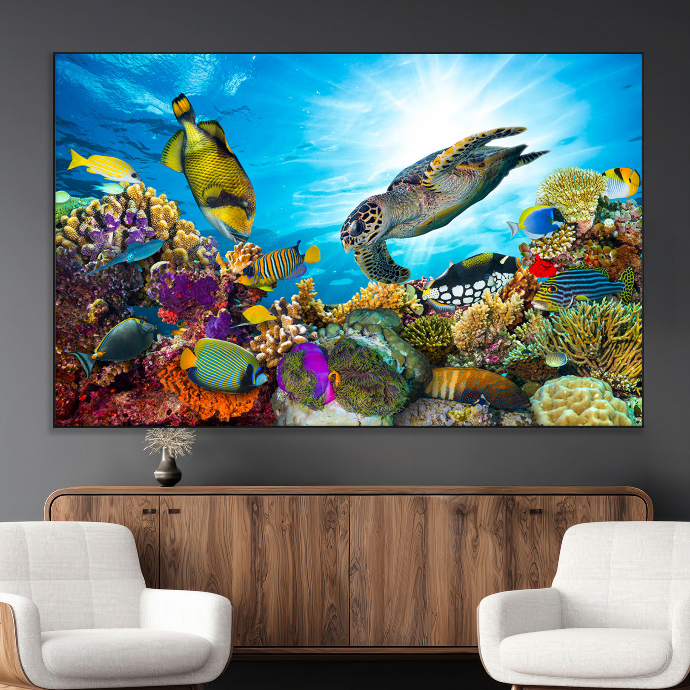 44772-MGV-CV-36X24-Underwater Sea Turtle Wall Art – Vibrant Coral Reef and Tropical Fish Canvas Print, Ocean Marine Life Decor for Living Room,