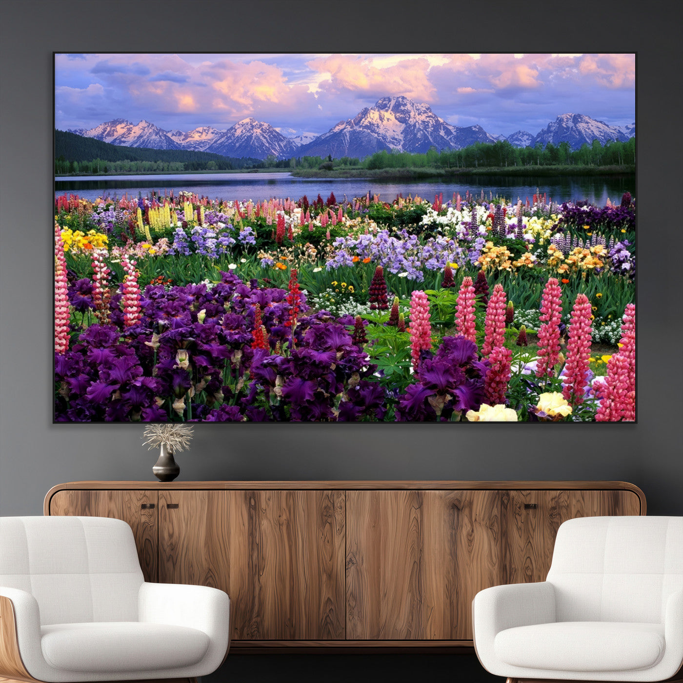82270-MGV-CV-36X24-Colorful Wildflower Meadow Landscape Wall Art – Snow-Capped Mountain Lake Sunset Print, Vibrant Nature Artwork for Living Room,