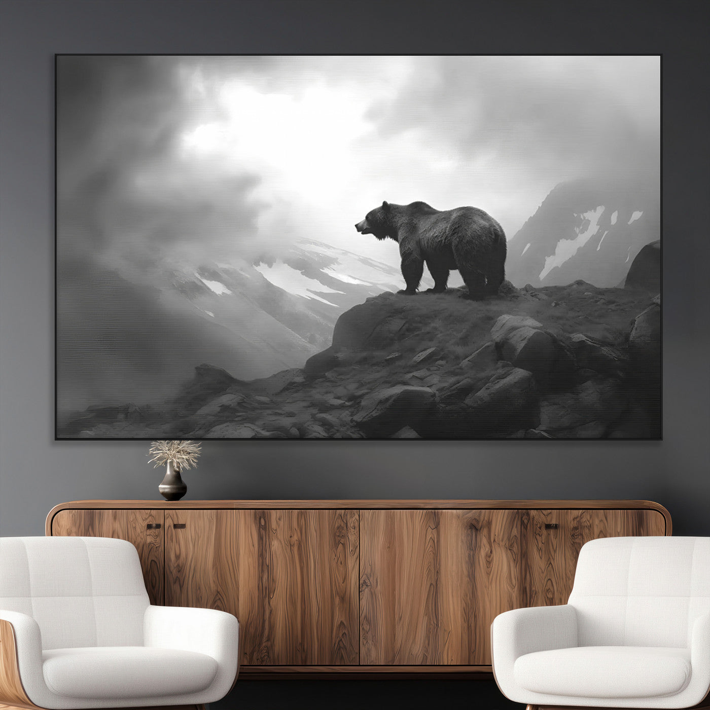 49504-MGV-CV-36X24-Black and White Grizzly Bear Wall Art – Wilderness Wildlife Painting, Rustic Mountain Cabin Decor, Monochrome Animal Print for