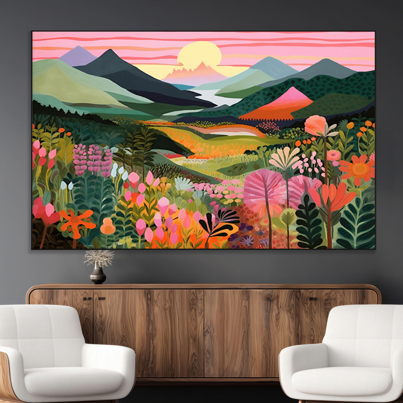 99638-MGV-CV-36X24-Sunset Meadow Wall Art – Panoramic Mountain Landscape with Wildflowers Canvas Print, Vibrant Nature Decor for Living Room, Bedroom