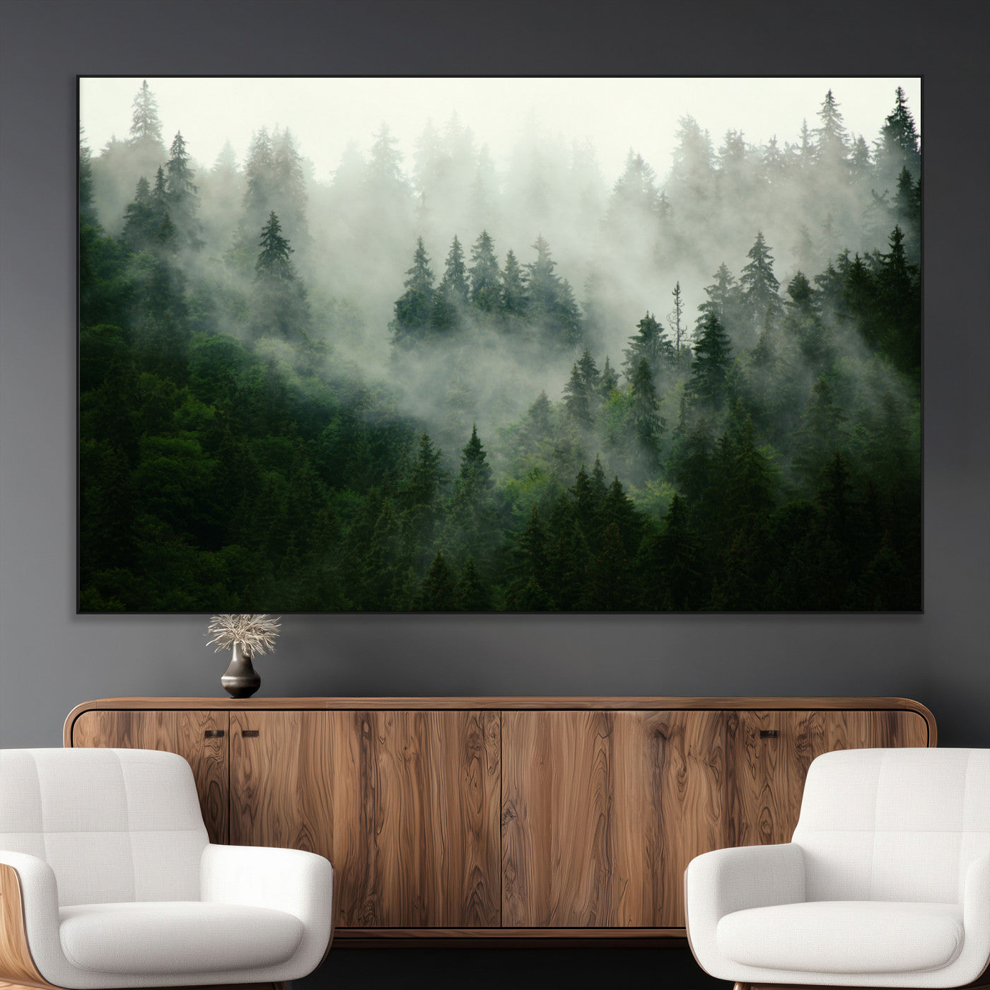 167720496-MGV-CV-36X24-Misty Forest Wall Art – Serene Evergreen Trees Canvas Print, Foggy Mountain Nature Landscape Decor for Bedroom, Living Room or