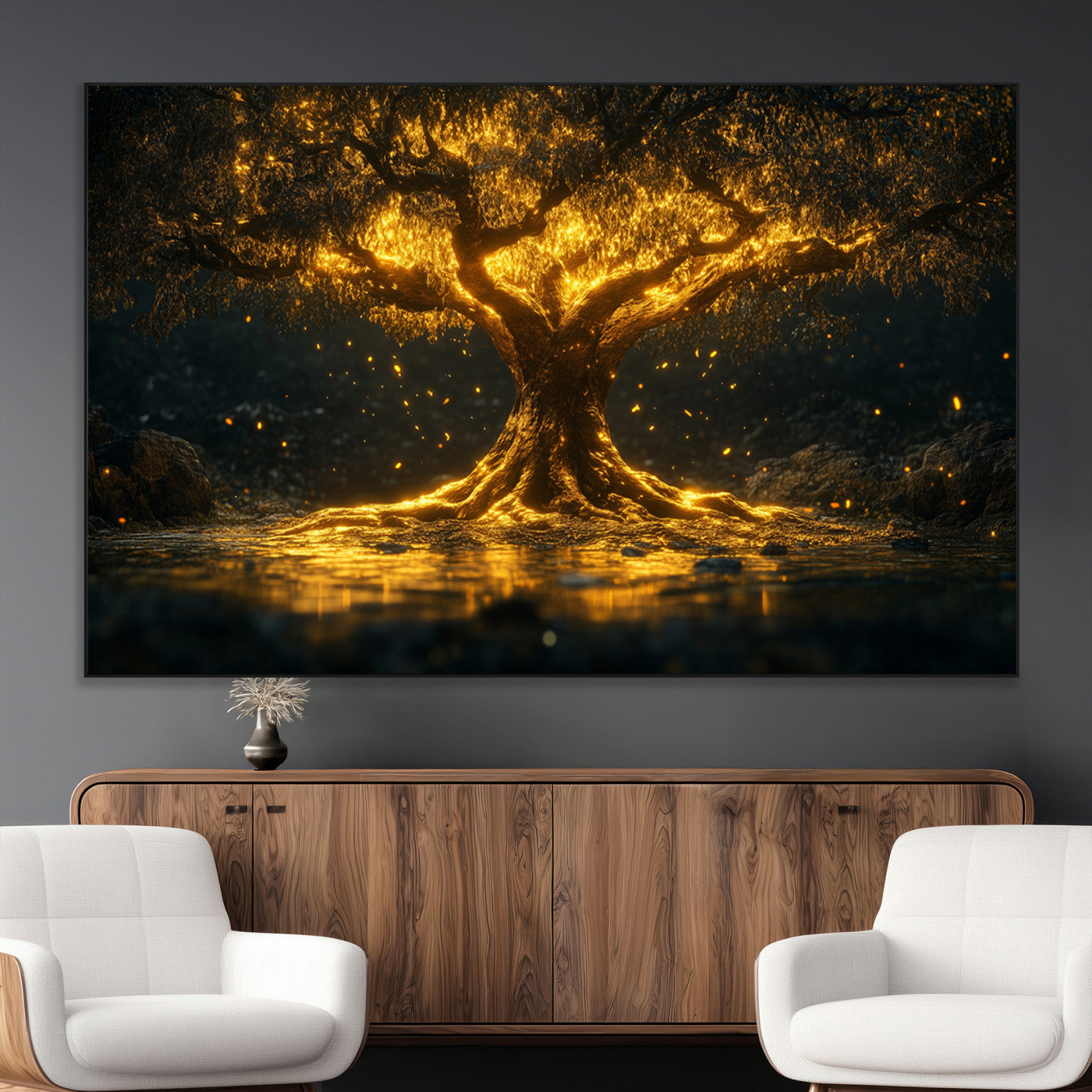 59580-MGV-CV-36X24-Glowing Tree Wall Art – Golden Fantasy Nature Canvas Print, Mystical Illuminated Tree Painting Poster for Living Room, Bedroom,