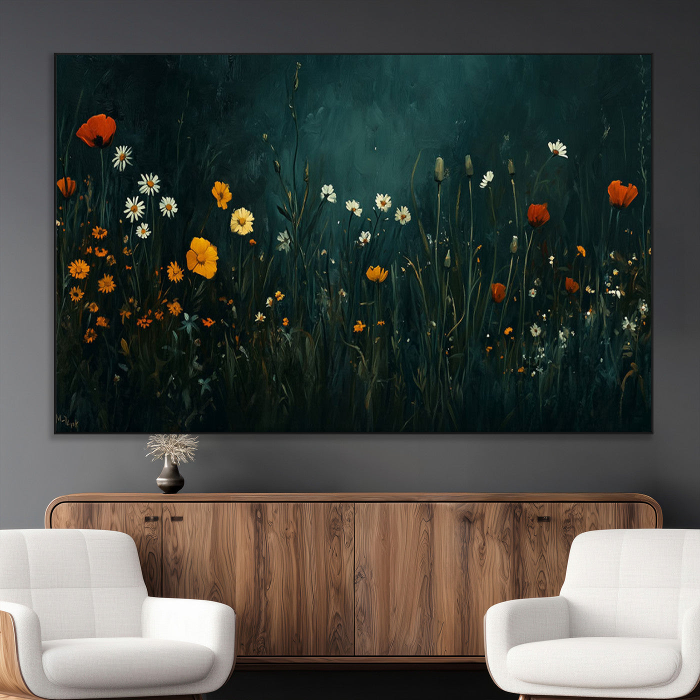 87037-MGV-CV-36X24-Wildflower Wall Art – Dark Botanical Floral Canvas Print, Modern Nature Painting Poster with Daisies Poppies Orange Flowers for