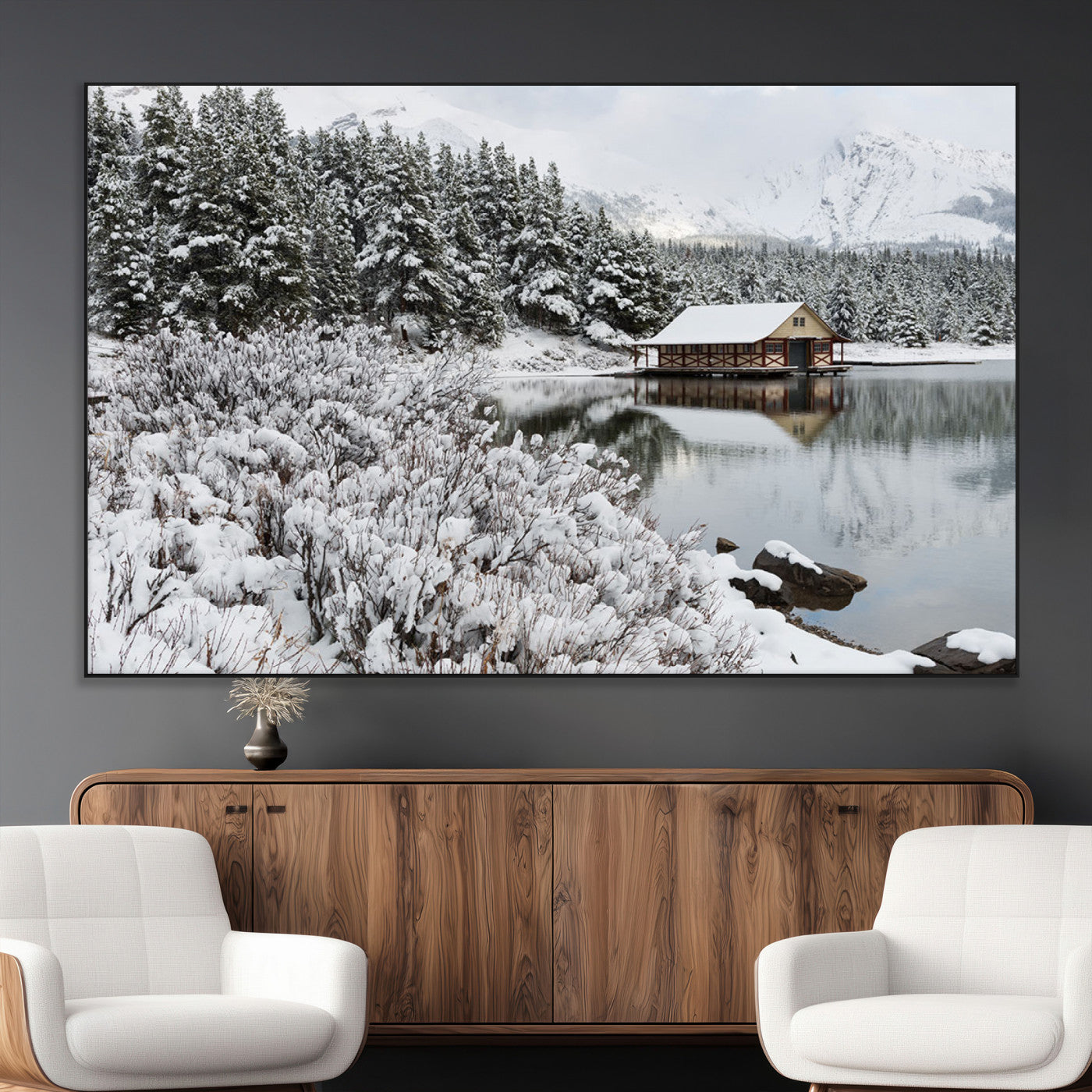 29975-MGV-CV-36X24-Winter Cabin by the Lake Wall Art – Snowy Mountain Landscape Canvas Print, Rustic Lodge Cabin Decor for Cozy Living Room, Bedroom