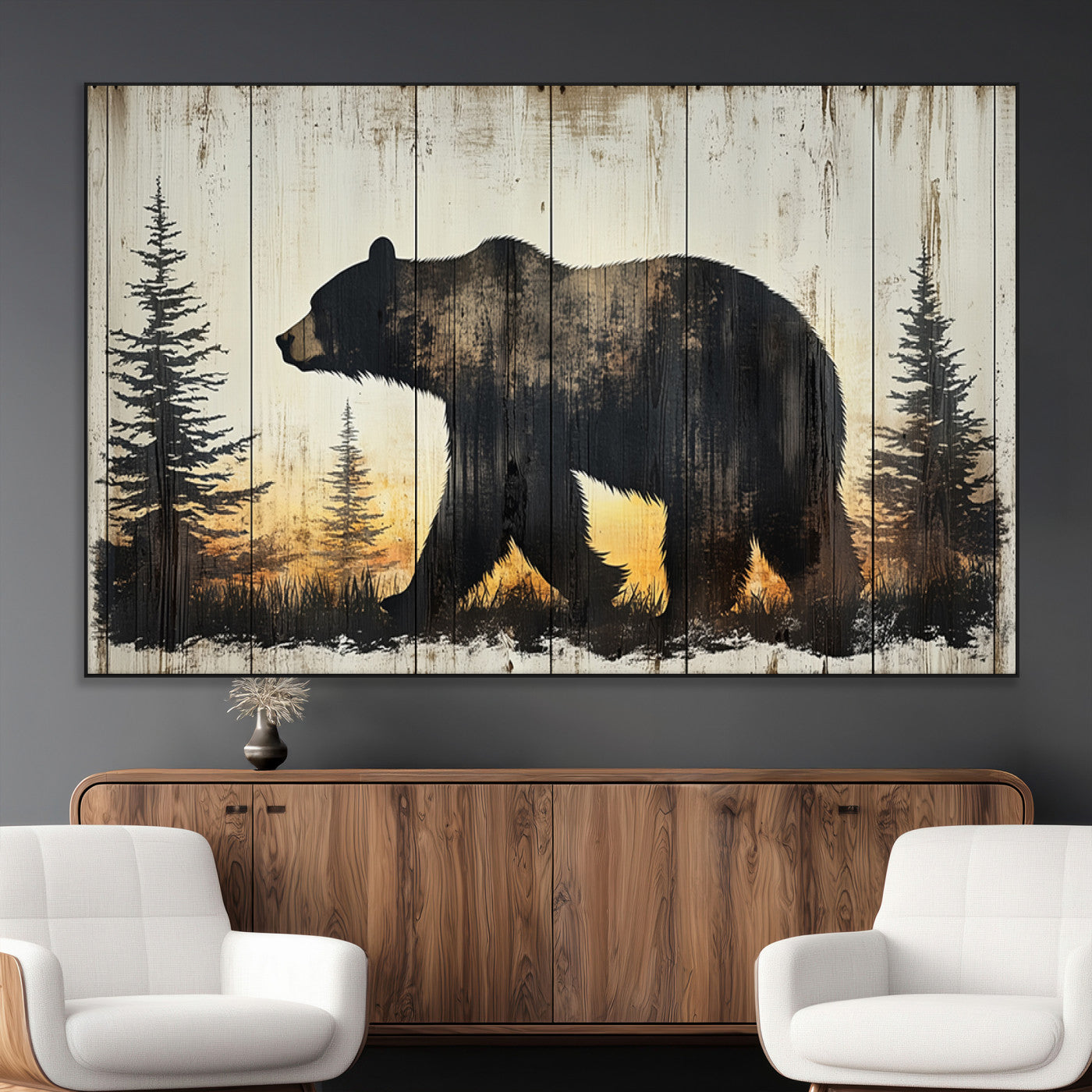 83875-MGV-CV-36X24-Sunset Bear Wall Art – Rustic Wildlife Canvas Print with Forest Silhouette, Cabin Lodge Decor for Living Room or Office