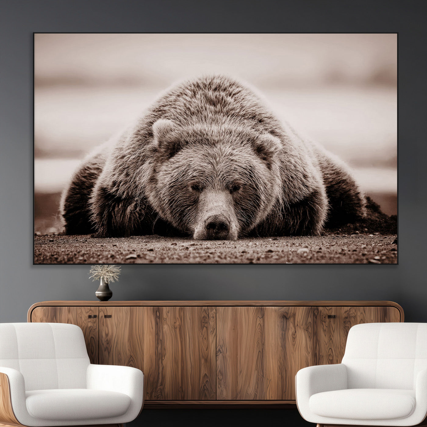 20611-MGV-CV-36X24-Grizzly Bear Wall Art – Majestic Wildlife Sepia Canvas Print, Rustic Nature Animal Artwork for Cabin, Lodge, Living Room, Bedroom,