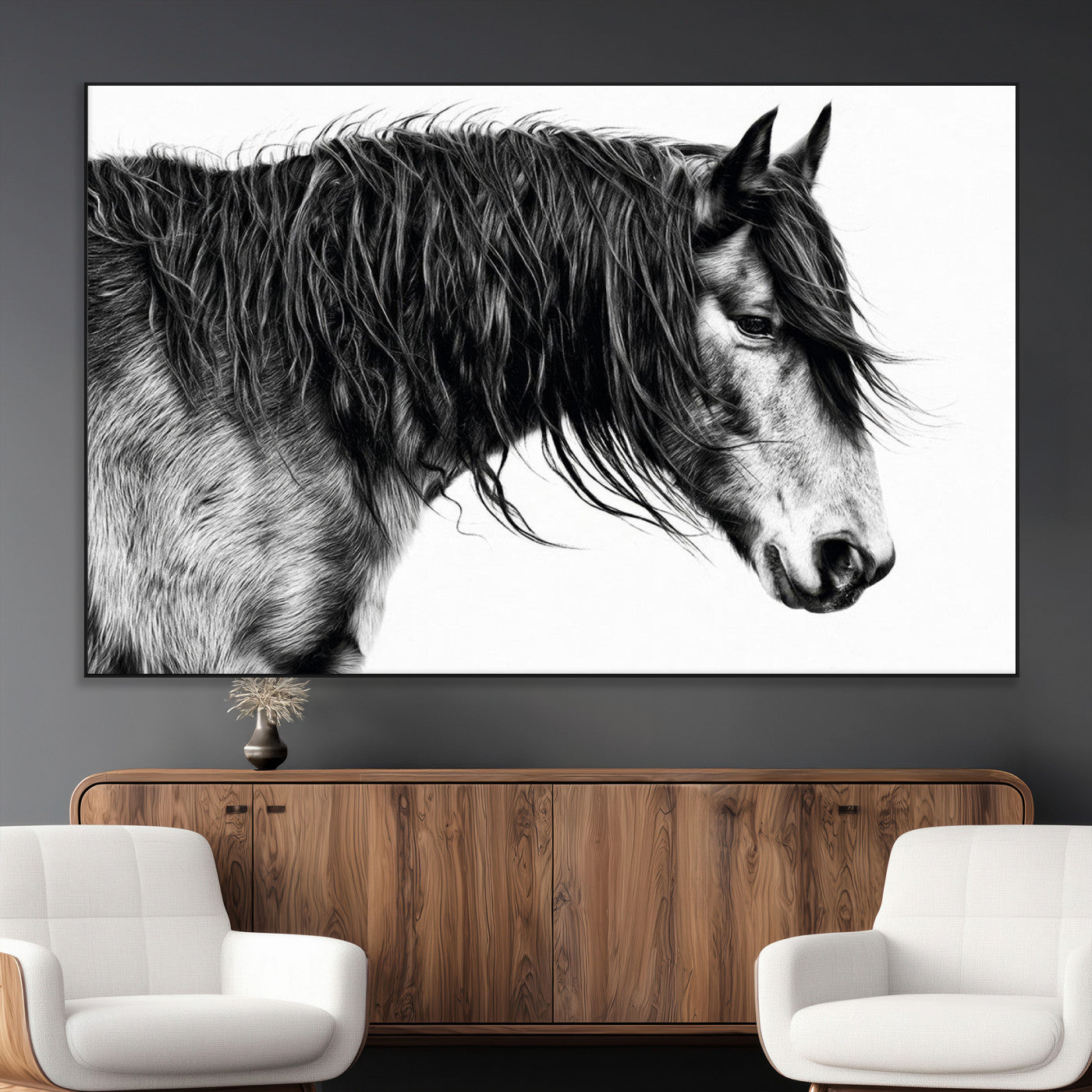 57694-MGV-CV-36X24-Horse Portrait Wall Art – Black and White Canvas Print with Detailed Stallion Profile, Rustic Farmhouse Equestrian Artwork for