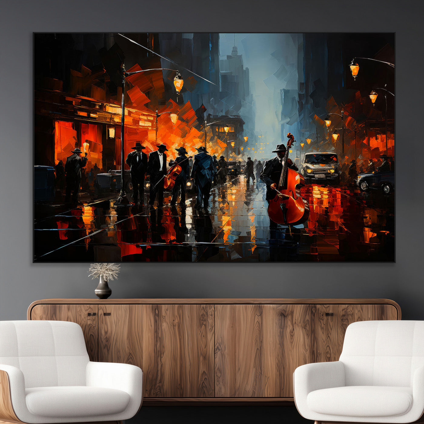 32816-MGV-CV-36X24-City Jazz Night Wall Art – Modern Abstract Urban Street Scene Canvas Print, Moody Music-Themed Decor for Living Room, Office, or