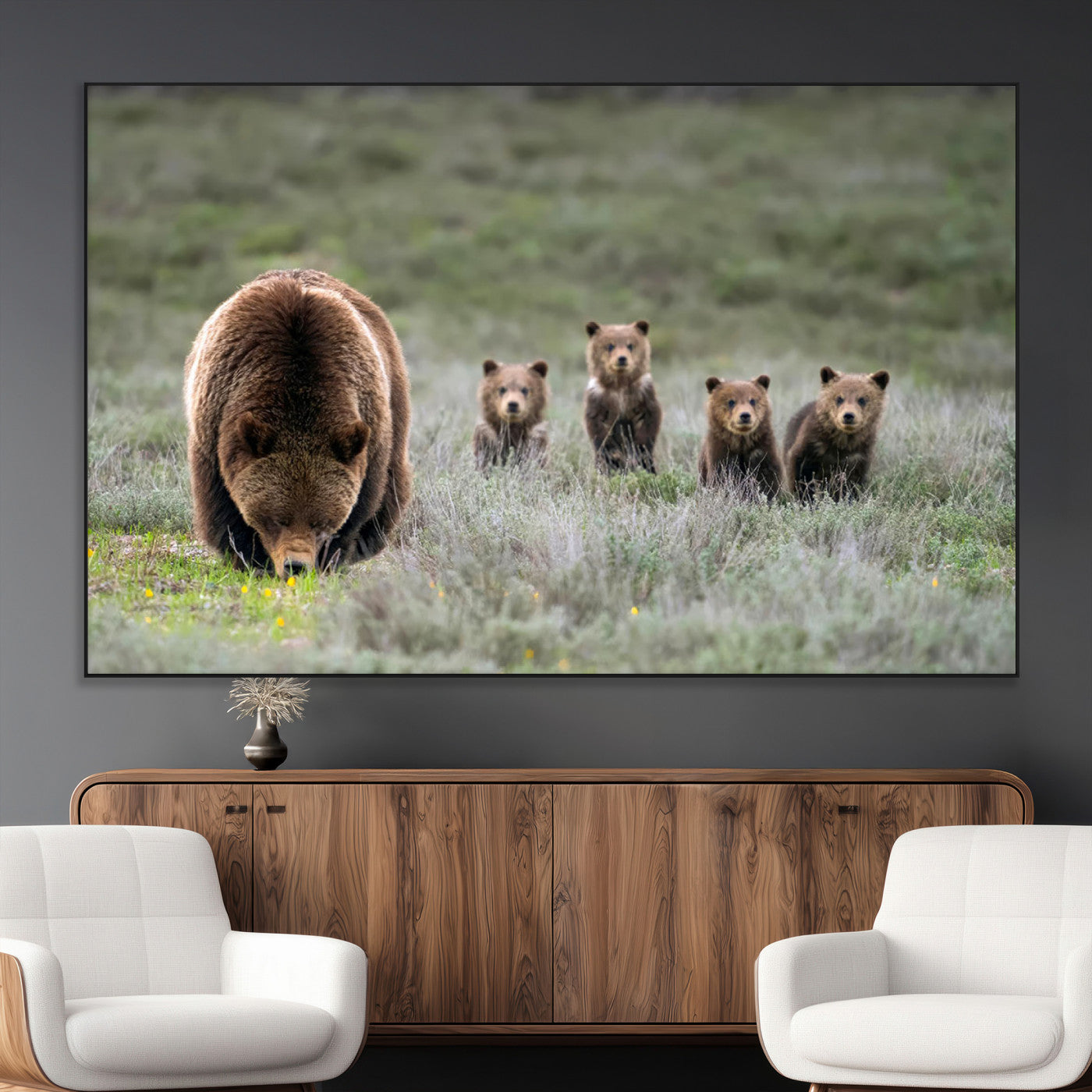 65087B-MGV-CV-36X24-Bear Family Wall Art – Wildlife Canvas Print Featuring Mother Bear with Cubs in Nature, Rustic Animal Artwork for Living Room,
