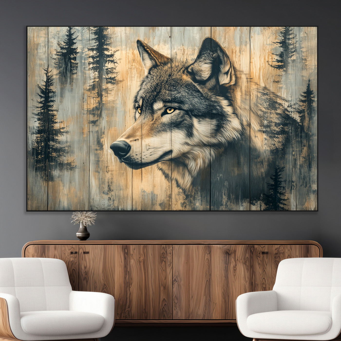 51892-MGV-CV-36X24-Wolf Wall Art – Rustic Canvas Print of Wolf with Forest Trees on Wood Texture, Wildlife Lodge Artwork for Living Room, Bedroom,