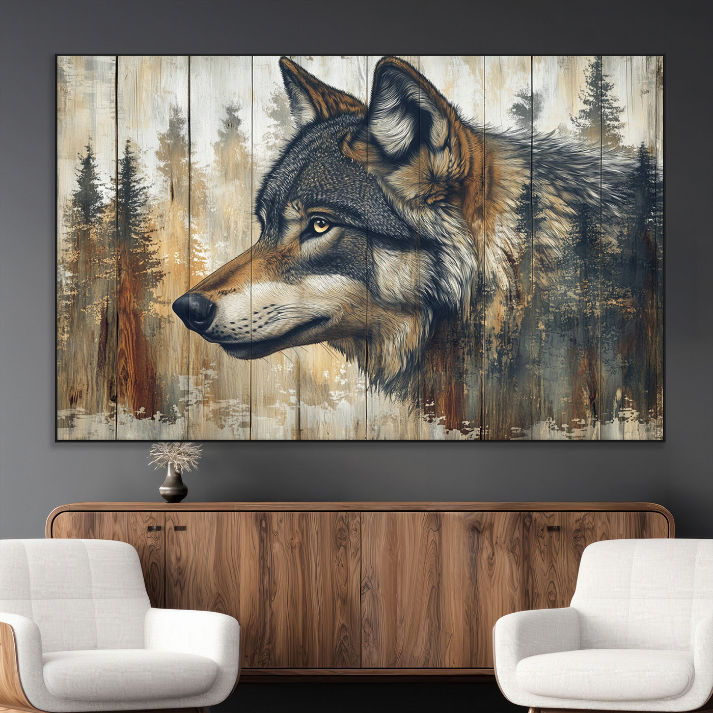 91882-MGV-CV-36X24-Wolf Wall Art – Rustic Canvas Print of Forest Wolf on Wood Background, Wildlife Lodge Artwork for Living Room, Bedroom, Cabin, or