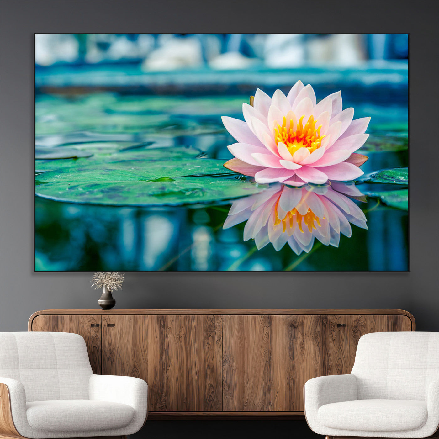 30320-MGV-CV-36X24-Pink Water Lily Wall Art – Lotus Flower Canvas Print with Reflection Water, Peaceful Botanical Artwork for Living Room, Bedroom,