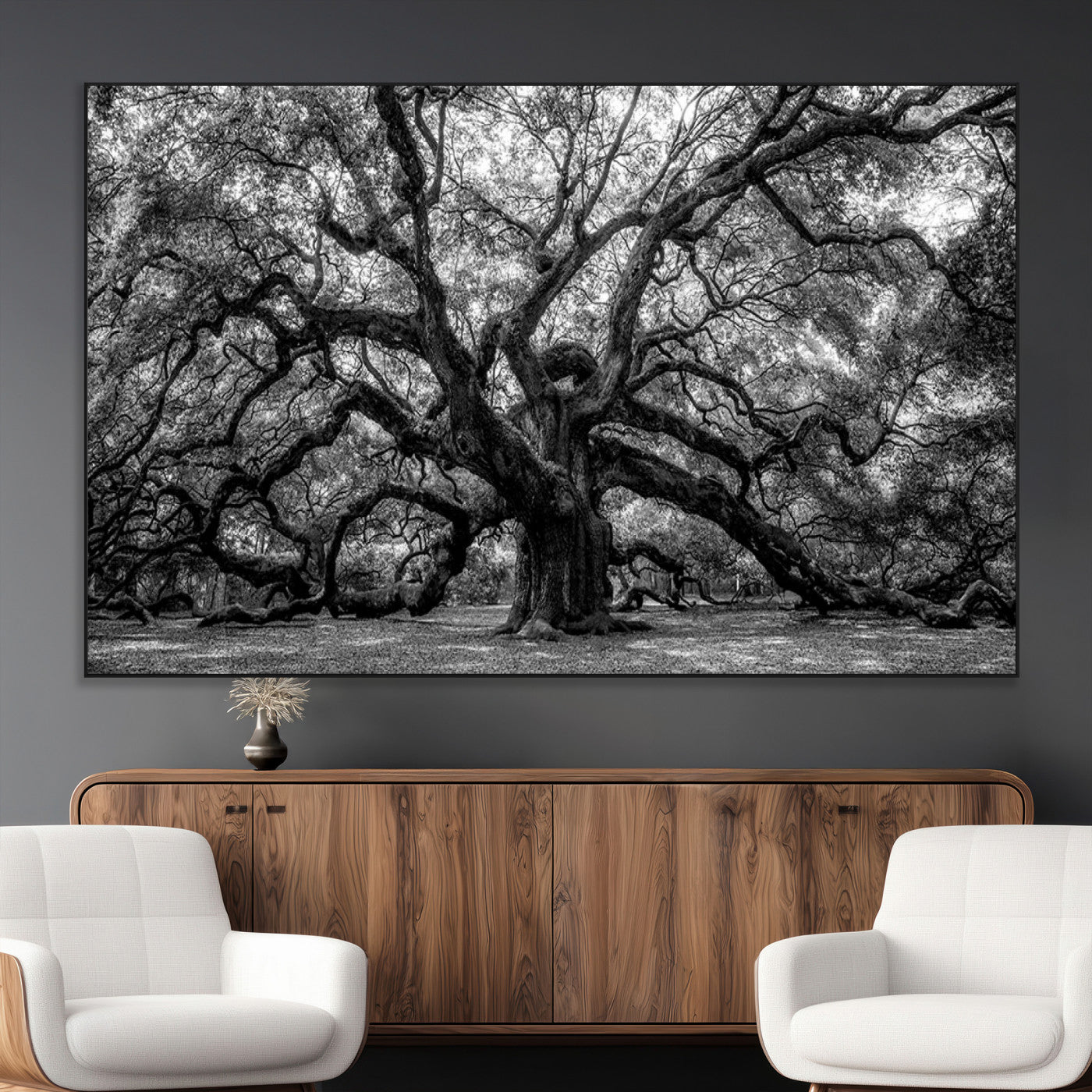 132944706-MGV-CV-36X24-Ancient Tree Wall Art – Black and White Photography Canvas Print Featuring Majestic Twisting Branches, Rustic Nature Artwork for