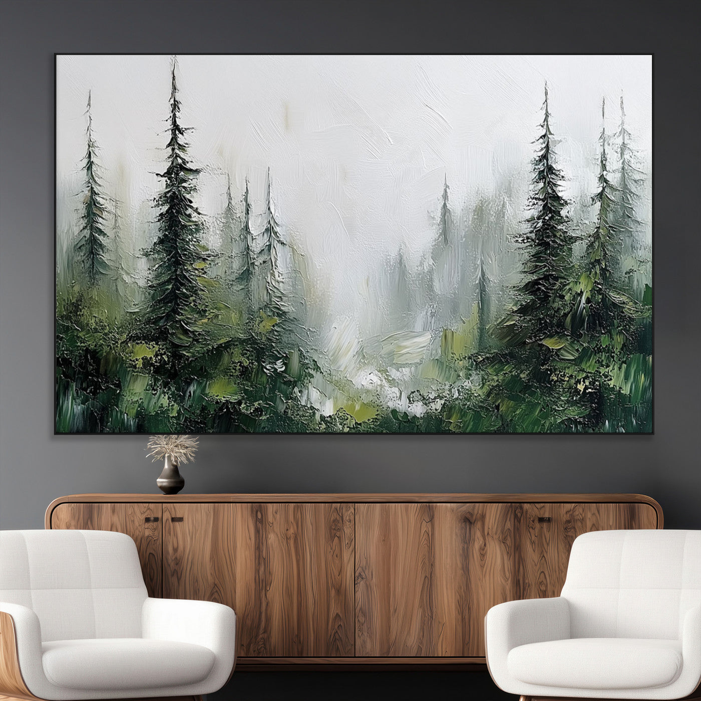 76014-MGV-CV-36X24-Forest Wall Art – Textured Canvas Print Featuring Misty Evergreen Pines and Woodland Landscape, Rustic Nature Artwork for Living