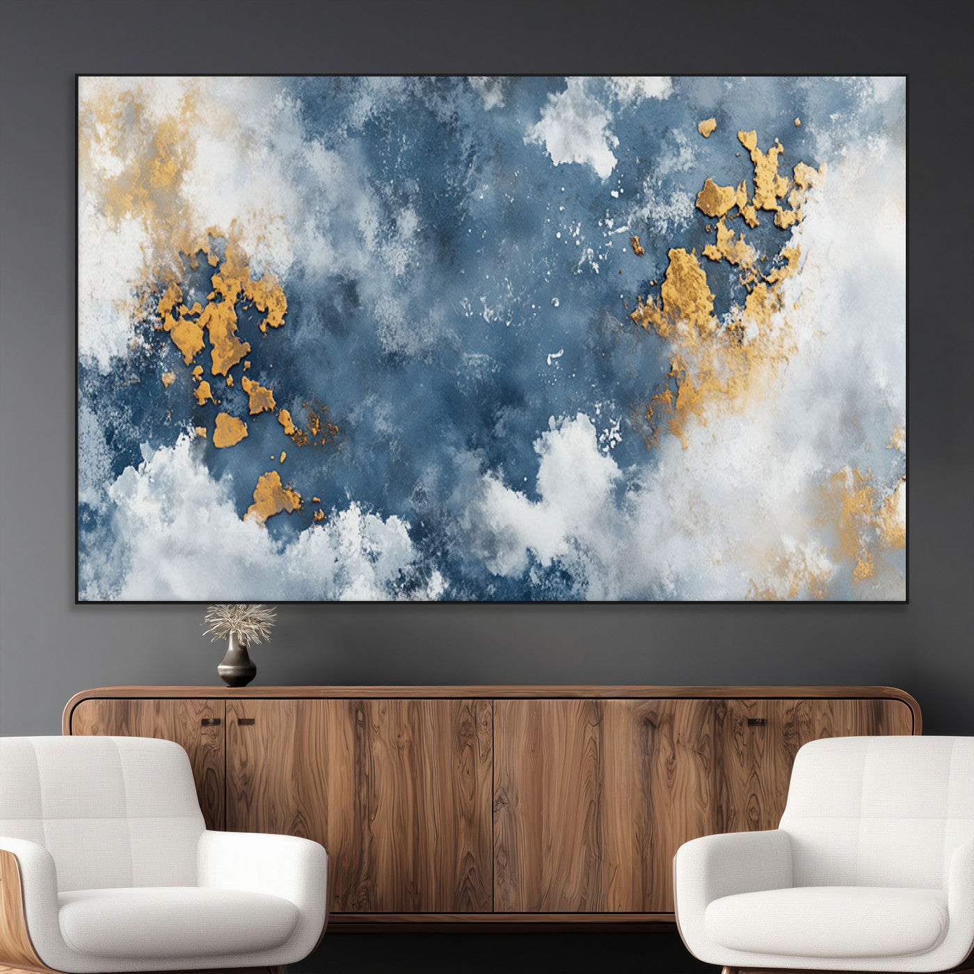 39575-MGV-CV-36X24-Blue and Gold Abstract Wall Art – Modern Canvas Print Featuring Cloudy Textures with Metallic Accents, Contemporary Artwork for