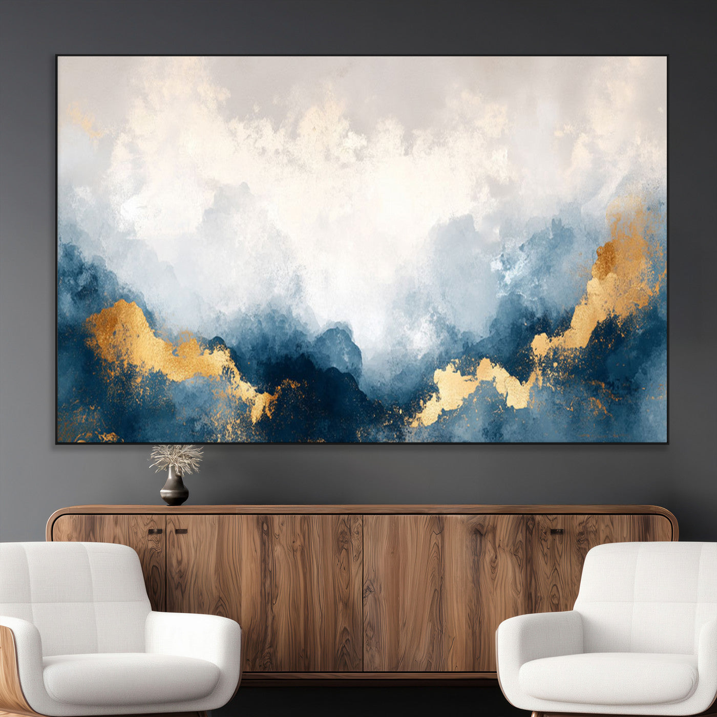 14578-MGV-CV-36X24-Abstract Wall Art – Modern Canvas Print Featuring Blue and White Clouds with Golden Accents, Contemporary Elegant Artwork for