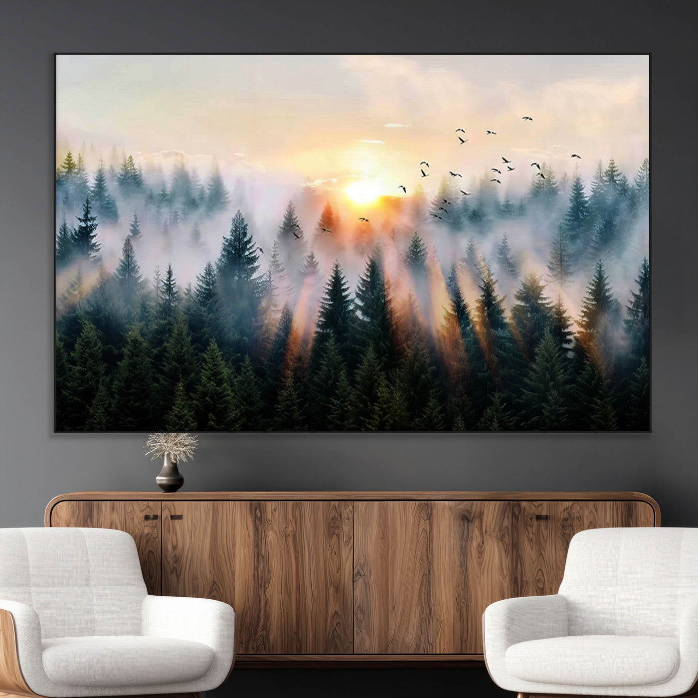 56391411-MGV-CV-36X24-Misty Forest Wall Art Canvas Print, Framed Sunrise Pines Art Picture Print, Moody Pines Perfect Serene Woodland Decor Artwork