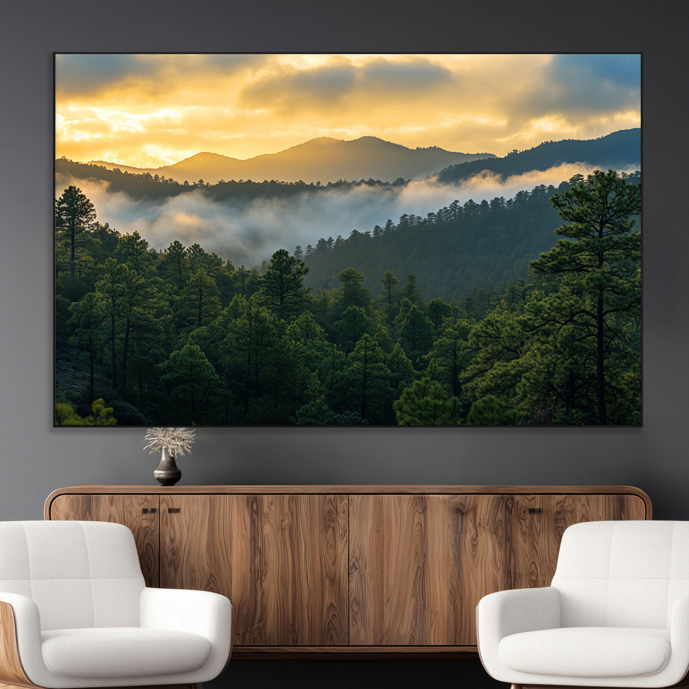 68082278-MGV-CV-36X24-Mountain Sunrise Wall Art Canvas Print, Framed Pine Forest Art Picture Print, Misty Mountains Perfect Earthy Woodland Decor