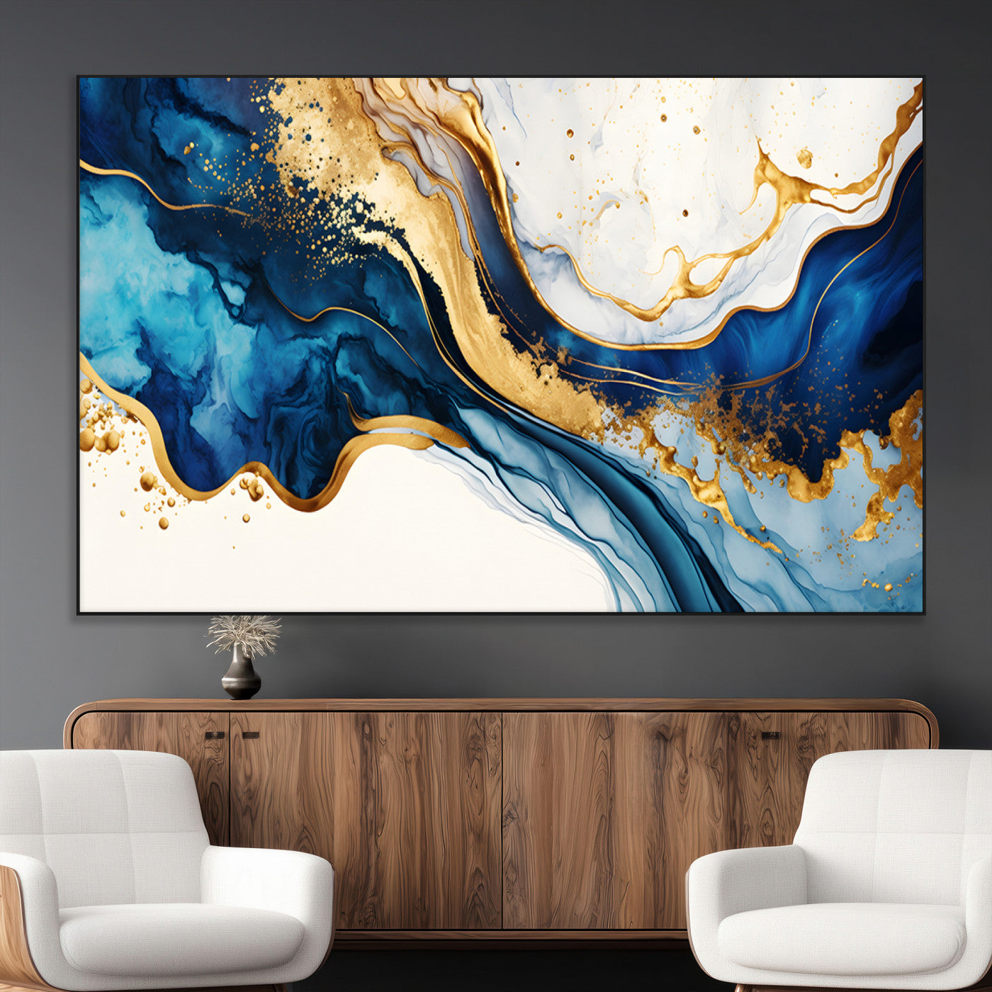60283636-MGV-CV-36X24-Blue Gold Flow Wall Art Canvas Print, Framed Marble Texture Art Picture Print, Elegant Splash Perfect Elegant Abstract Decor
