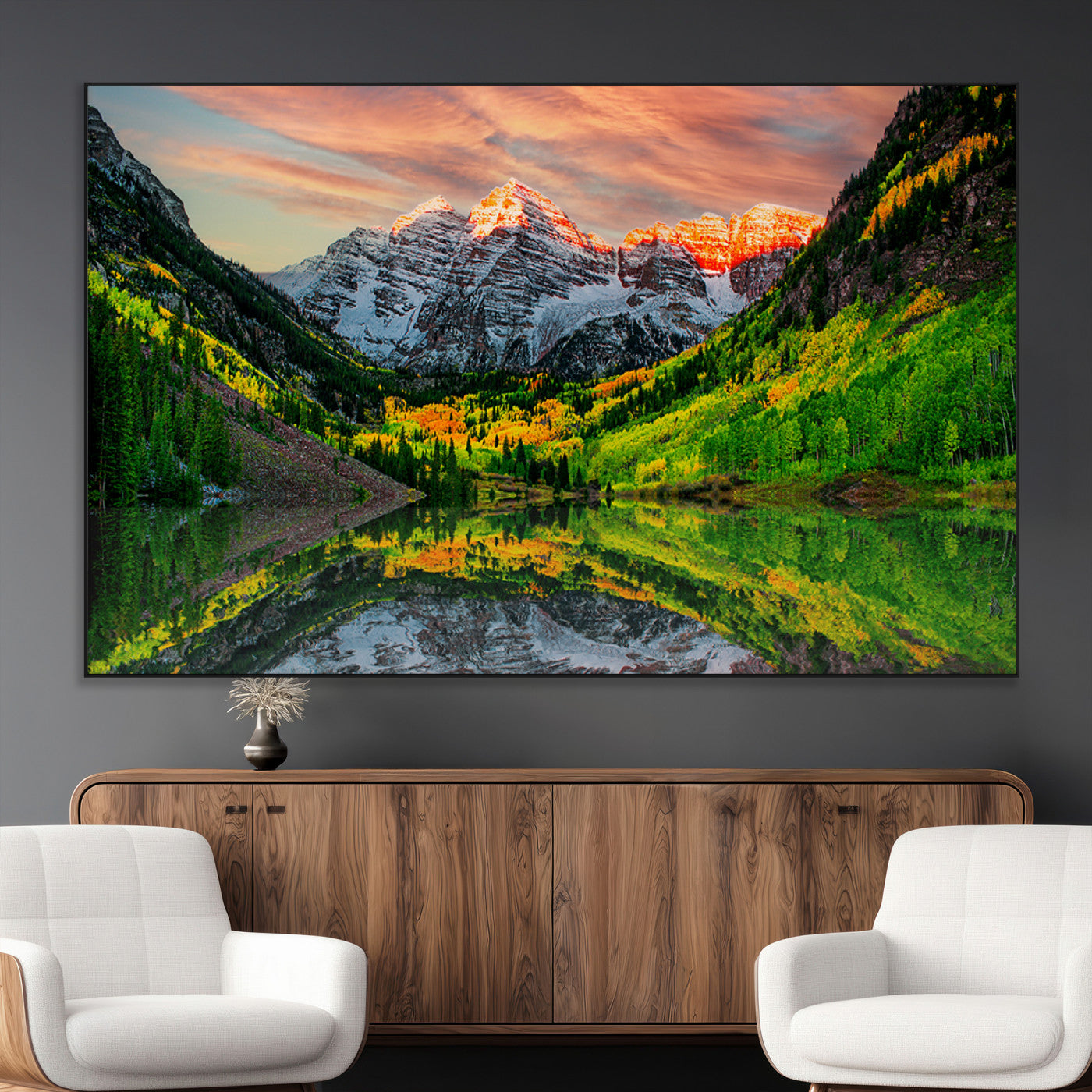59533484-MGV-CV-36X24-Maroon Bells Autumn Wall Art – Panoramic Mountain Landscape Canvas Print, Sunset Reflection Nature Artwork for Living Room, Office