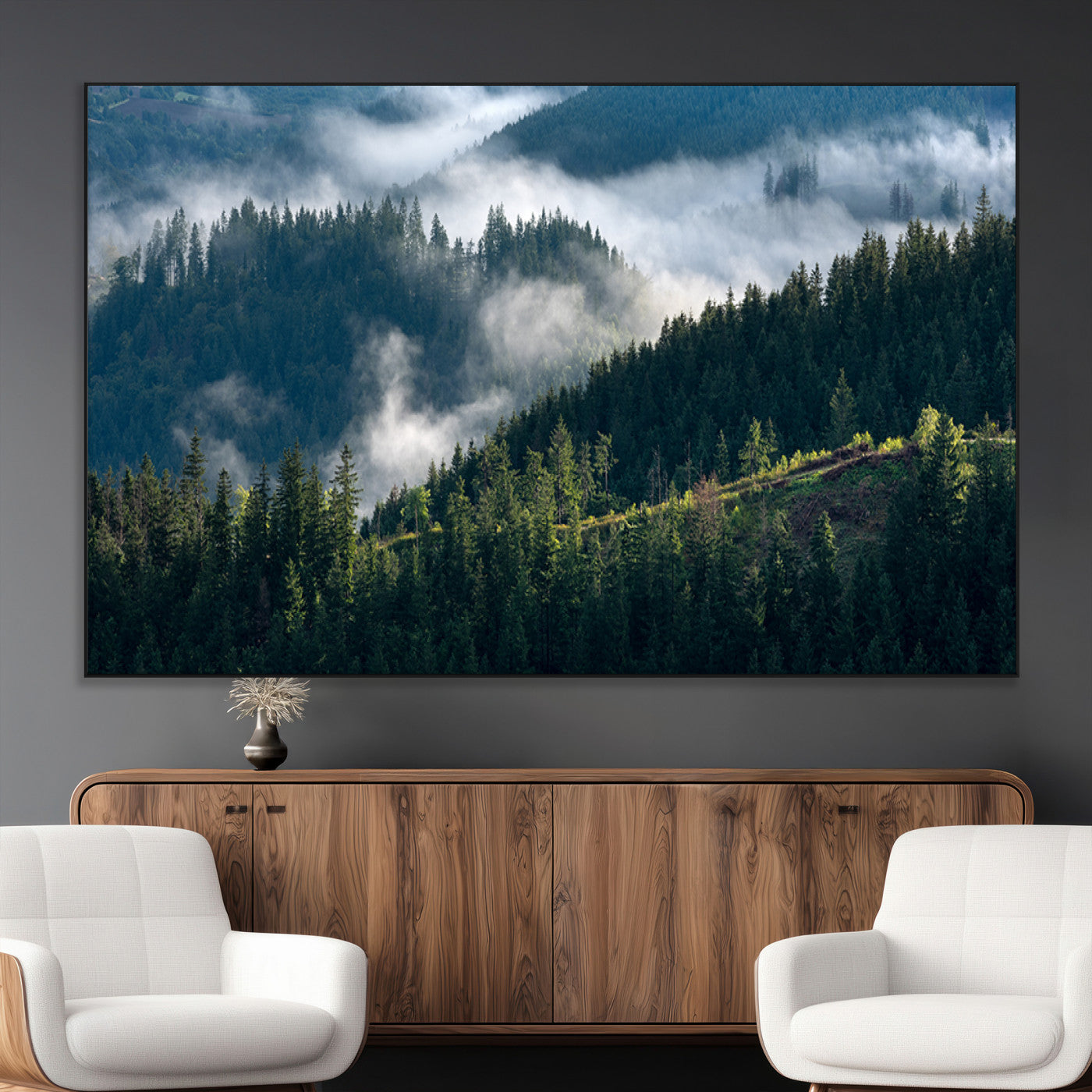 84598503-MGV-CV-36X24-Misty Forest Wall Art Canvas Print, Framed Pine Hills Art Picture Print, Moody Hills Perfect Moody Woodland Decor Artwork
