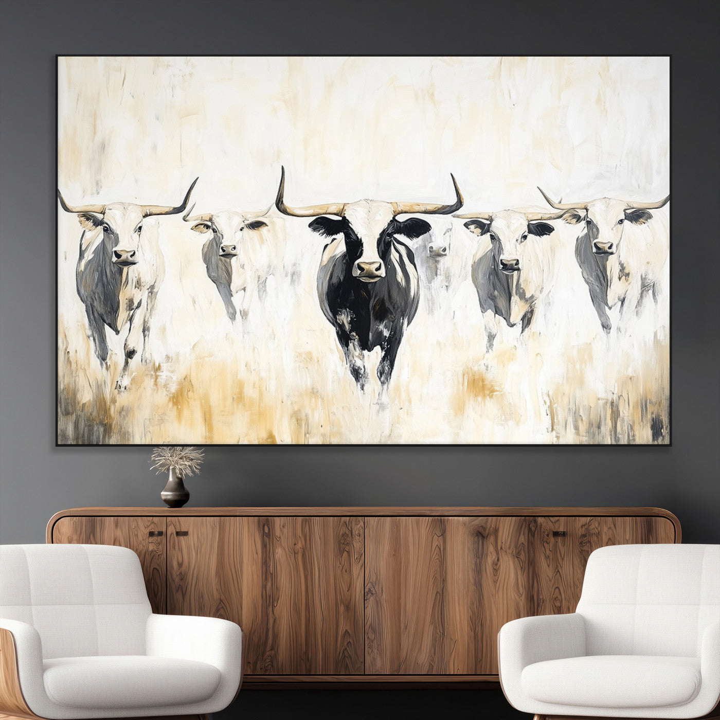 40397799-MGV-CV-36X24-Texas Longhorn Wall Art Canvas Print, Framed Rustic Herd Art Picture Print, Western Bull Perfect Neutral Western Decor Artwork