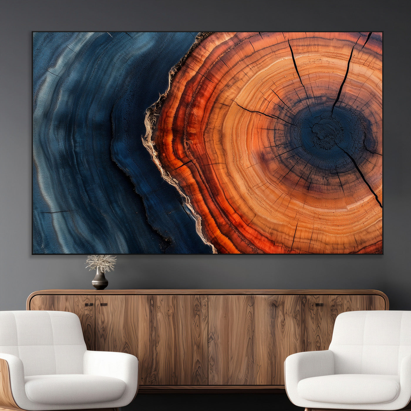 57732250-MGV-CV-36X24-Tree Ring Abstract Wall Art – Blue Orange Wood Grain Canvas Print, Modern Rustic Nature Artwork for Living Room, Office,