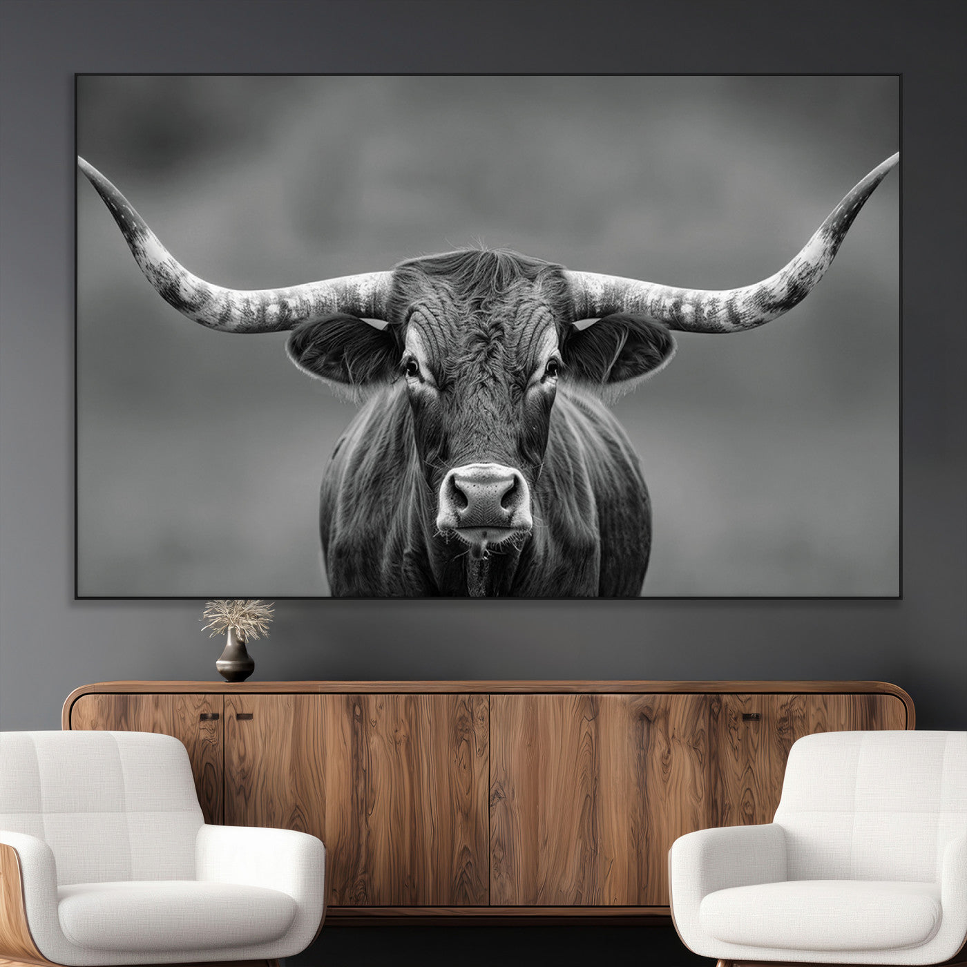 81228550-MGV-CV-36X24-Framed Texas Longhorn Bull Art Canvas Print, Western Bull Wall Art Print, Long Horn Bull Photo Print for Log Cabin, Large Bull
