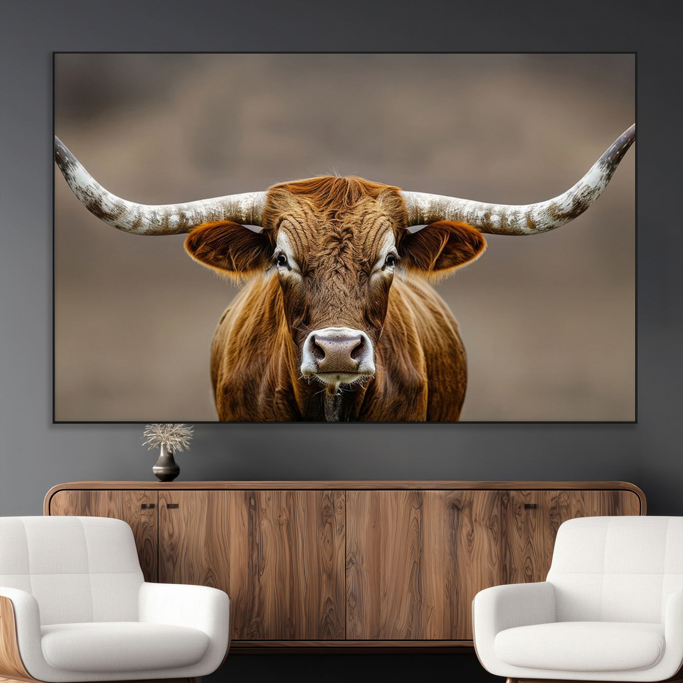 12179171-MGV-CV-36X24-Texas Longhorn Wall Art Canvas Print, Framed Brown Bull Art Picture Print, Lone Cattle Perfect Rustic Western Decor Artwork