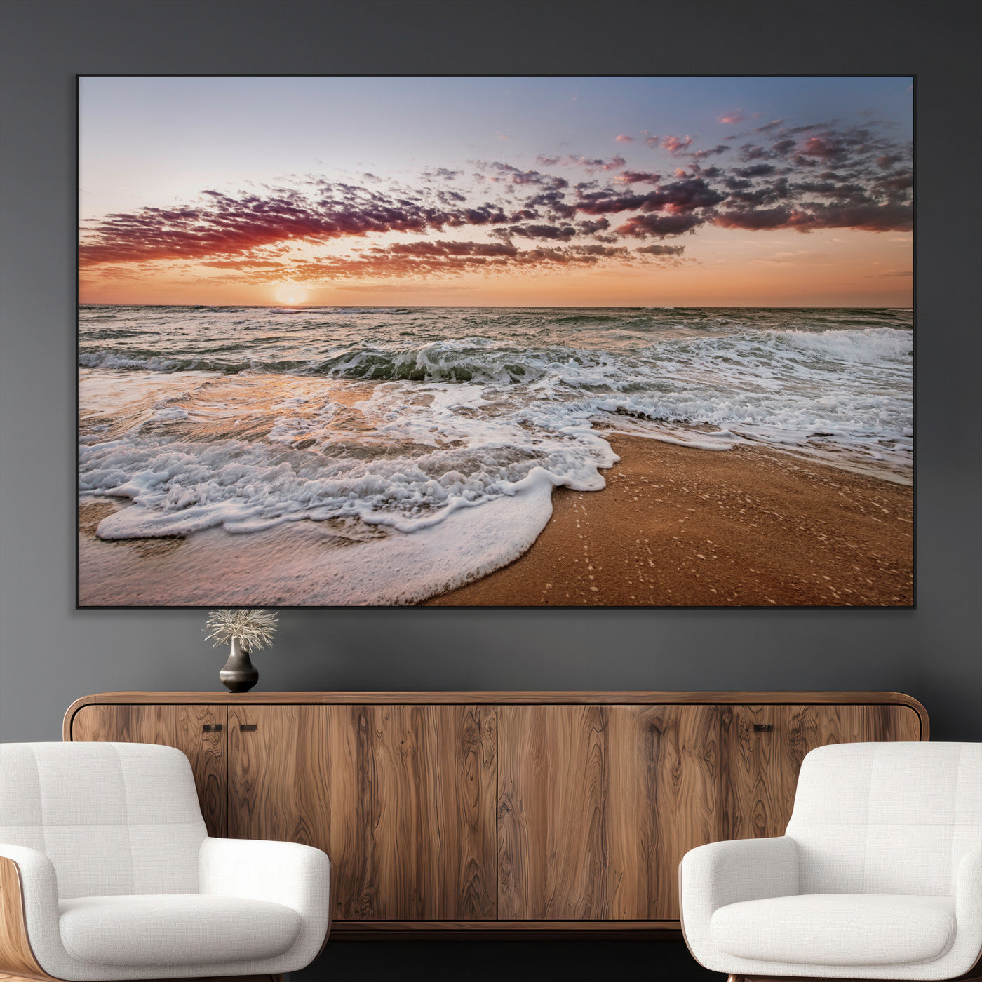 39846389-MGV-CV-36X24-Ocean Sunset Wall Art Canvas Print, Framed Sandy Shore Art Picture Print, Gentle Waves Perfect Minimalist Coastal Decor Artwork