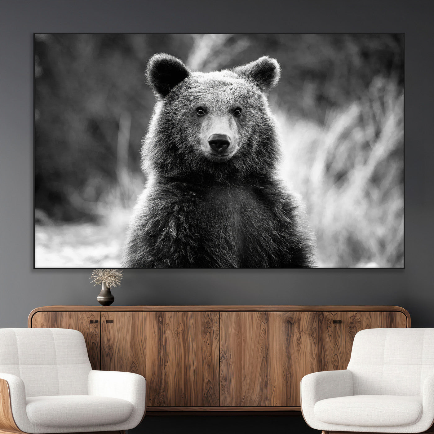 SEG-FC-51X34_Oversize - Grizzly Bear Wall Art Canvas Print, Framed Black White Bear Art Picture Print, Wild Bear Perfect Rustic Wildlife Decor Artwork