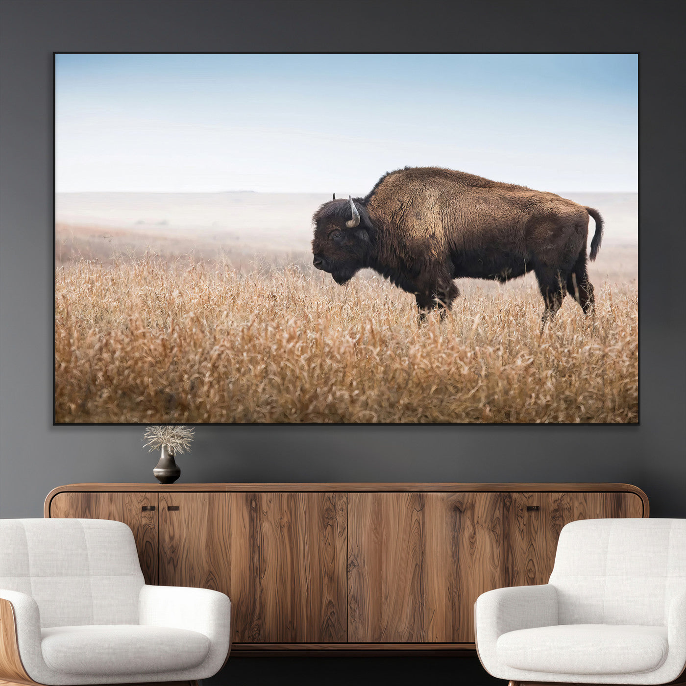 91267849-MGV-CV-36X24-Wild Bison Wall Art Canvas Print, Framed Bison in Prairie Art Picture Print, Rustic Western Perfect Rustic Western Decor Artwork