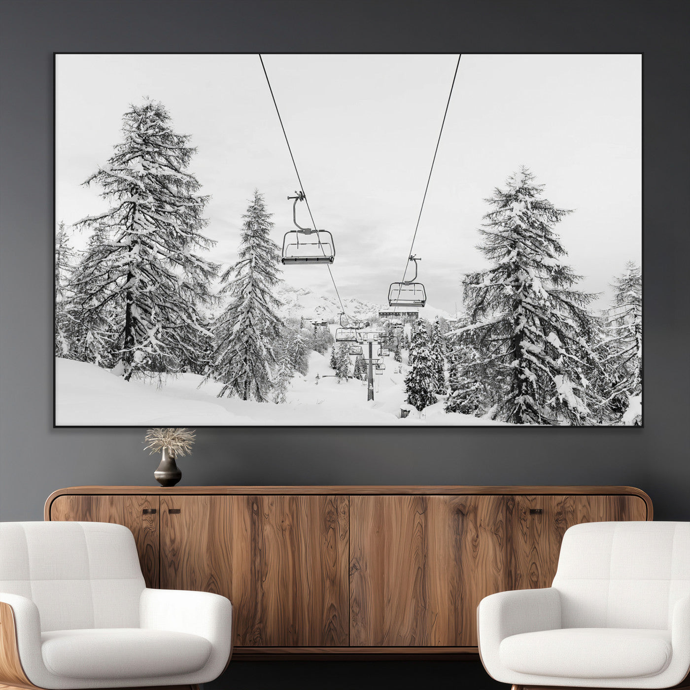 55003599-MGV-CV-36X24-Snowy Ski Lift Wall Art Canvas Print, Framed Winter Forest Art Picture Print, Ski lift Ride Perfect Winter Lodge Decor Artwork