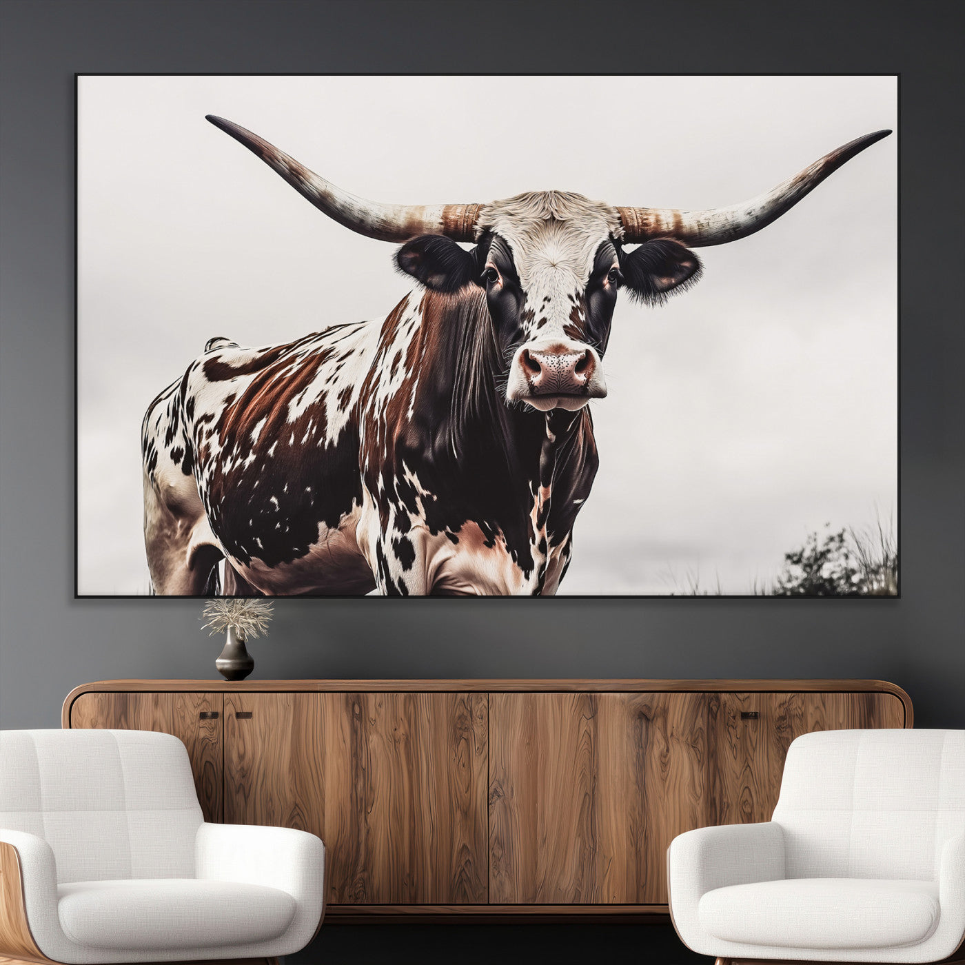 95249234-MGV-CV-36X24-Texas Longhorn Wall Art Canvas Print, Framed Spotted Bull Art Picture Print, Horned Cattle Perfect Rustic Farmhouse Decor Artwork