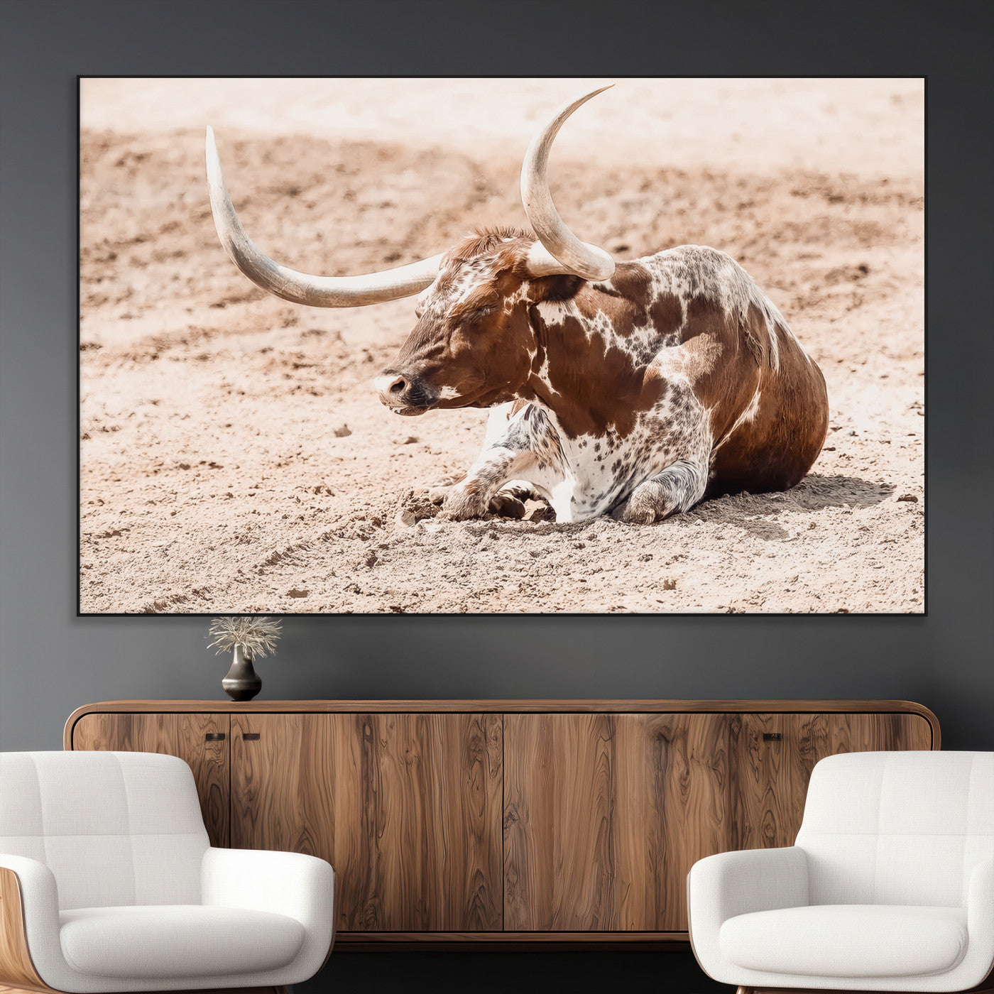 91248682-SEG-FC-51X34_Oversize_Oversize-Texas Longhorn Wall Art Canvas Print, Framed Resting Bull Art Picture Print, Spotted Cattle Perfect Rustic Western Decor Artwork