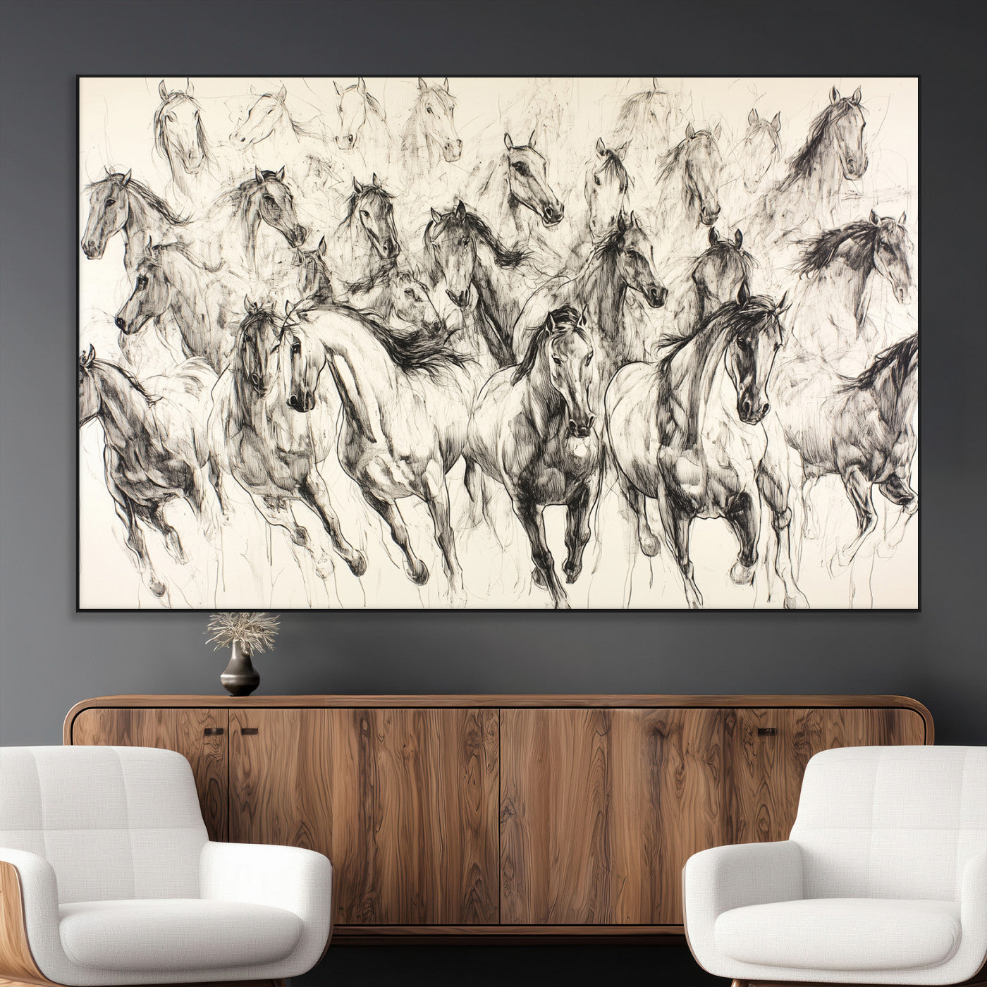 19433417-MGV-CV-36X24-Running Horses Wall Art Canvas Print, Framed Horse Sketch Art Picture Print, Galloping Herd Perfect Monochrome Western Decor