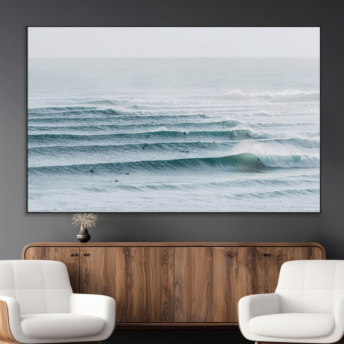 73969318-MGV-CV-36X24-Ocean Waves Wall Art Canvas Print, Framed Surfer Lineup Art Picture Print, Crowded Ocean Perfect Minimal Coastal Decor Artwork