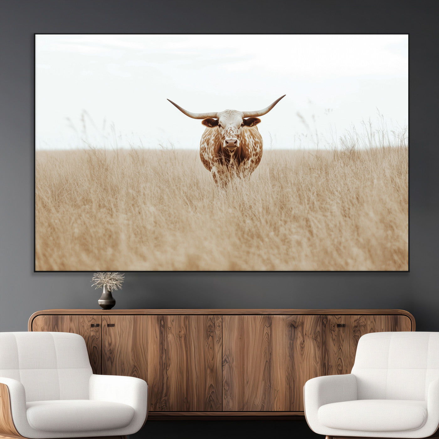 20927060-MGV-CV-36X24-Texas Longhorn Wall Art Canvas Print, Framed Lone Cattle Art Picture Print, Longhorn Bull Perfect Rustic Western Decor Artwork