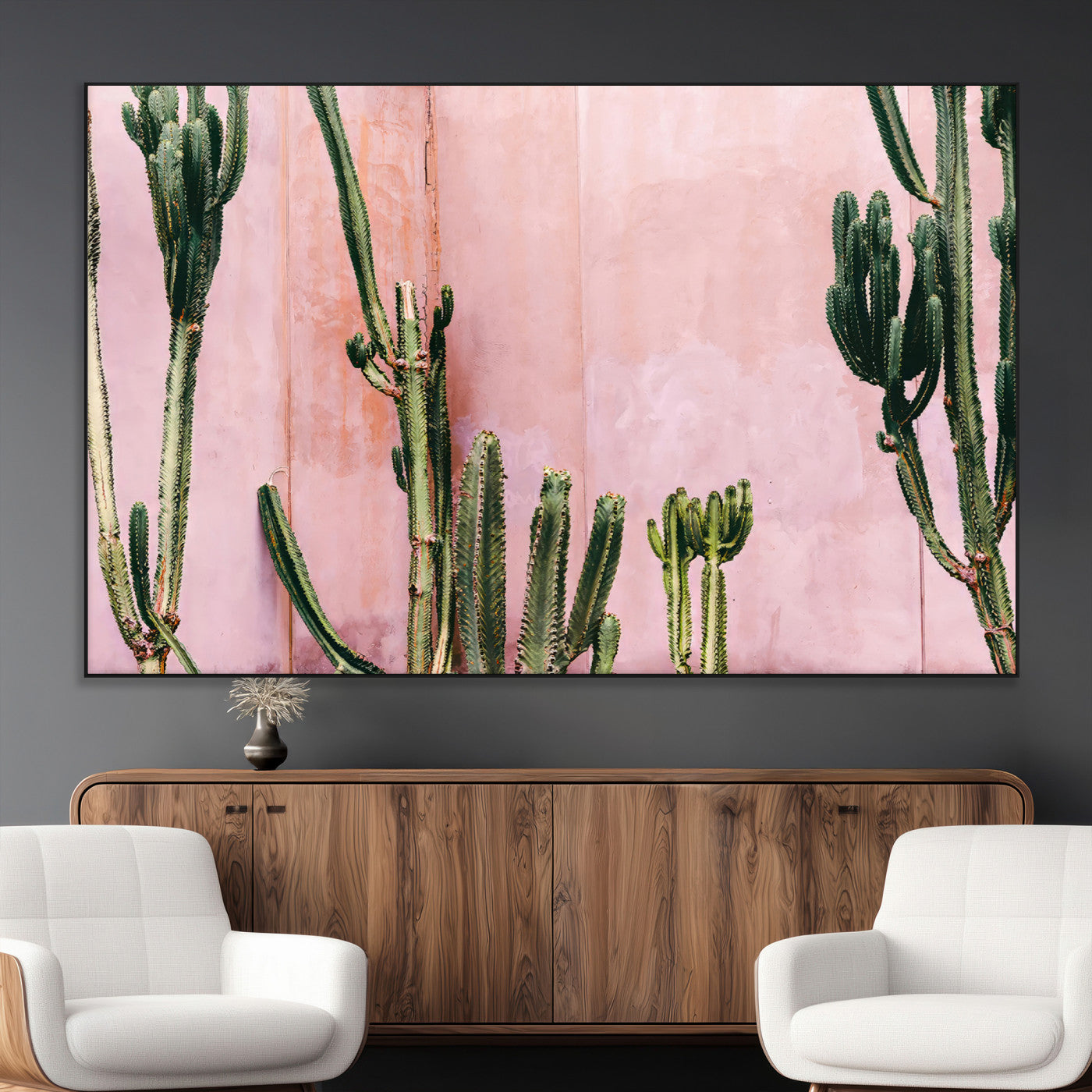 93119502-MGV-CV-36X24-Tall Cactus Wall Art Canvas Print, Framed Pink Wall Art Picture Print, Cactus Lines Perfect Modern Desert Decor Artwork